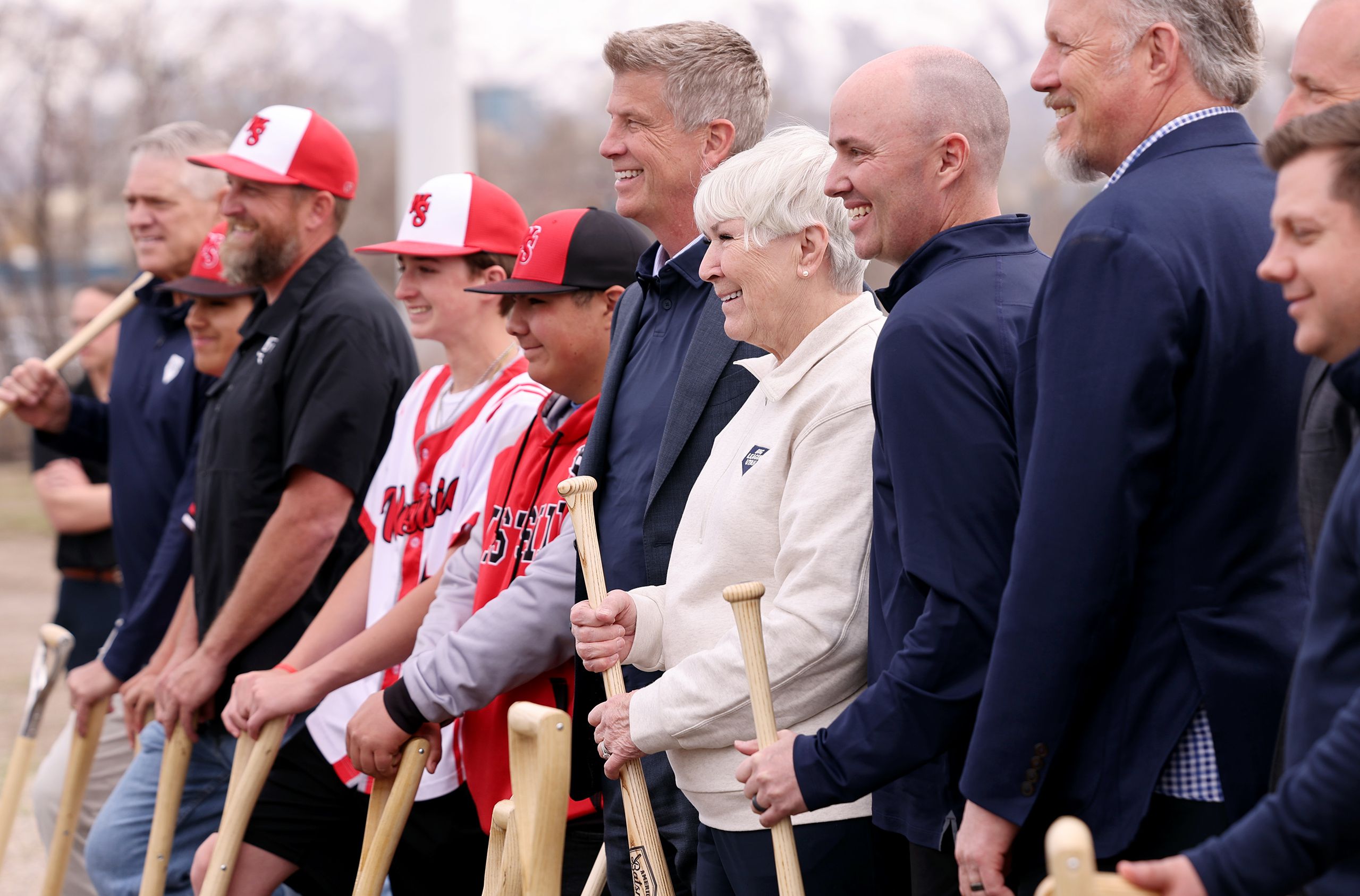Gail Miller poses for photos with Gov. Spencer Cox and other leaders and community members at the groundbreaking of the Rocky Mountain Power District property on Wednesday. Miller also announced plans to hopefully bring a Major League Baseball team to the area.