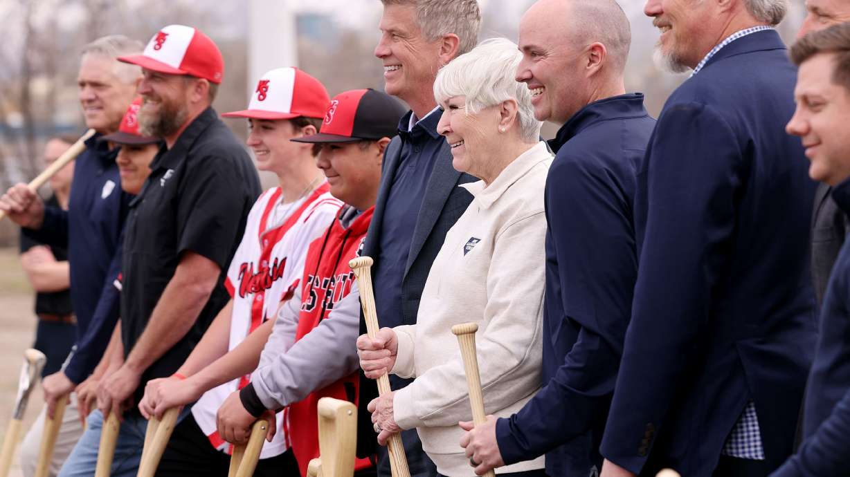 Gail Miller poses for photos with Gov. Spencer Cox and other leaders and community members at the groundbreaking of the Rocky Mountain Power District property on Wednesday. Miller also announced plans to hopefully bring a Major League Baseball team to the area.