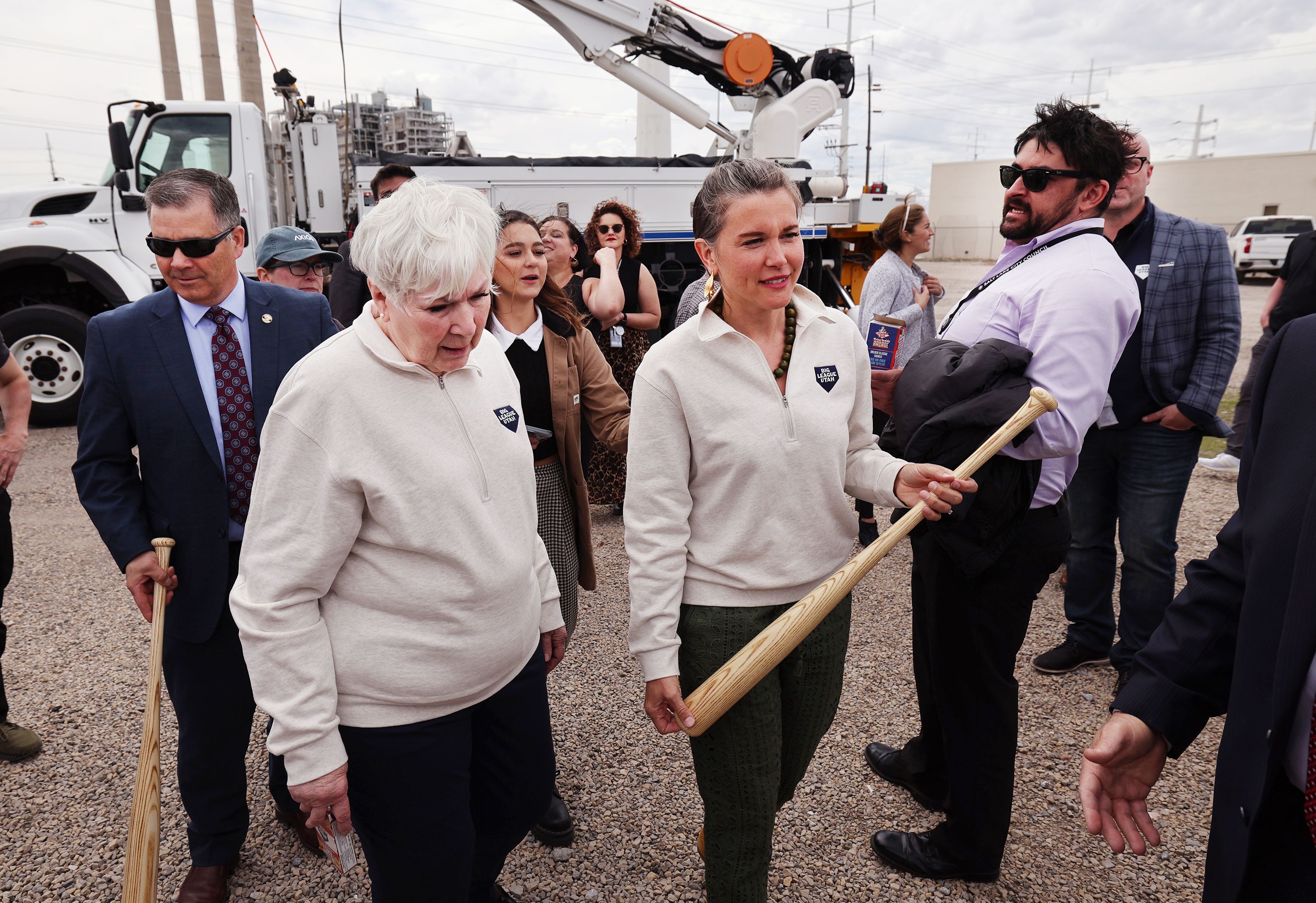 Gail Miller walks with Salt Lake City Mayor Erin Mendenhall as they join other leaders and community members for the groundbreaking of the Rocky Mountain Power District property on Wednesday. Miller also announced plans to hopefully bring a Major League Baseball team to the area.
