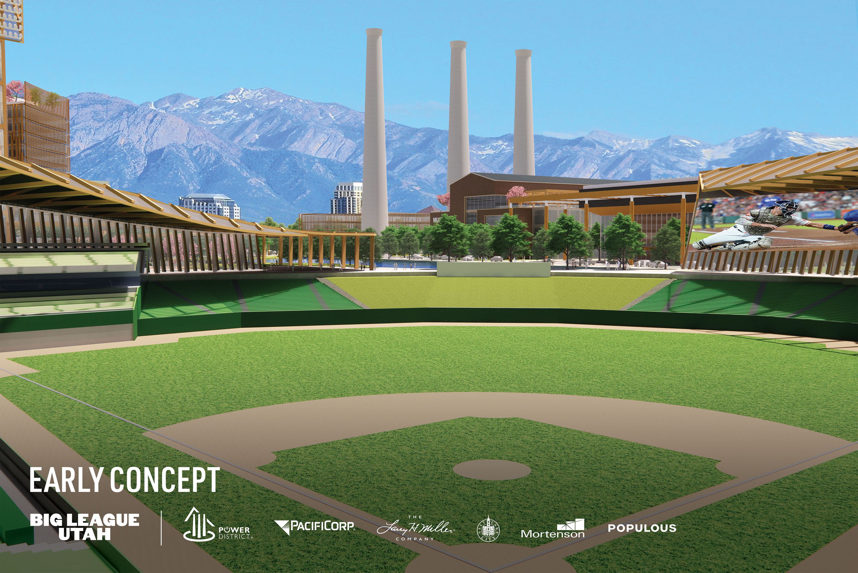 Renderings released Wednesday depict what a new Major League Baseball stadium could look like in the Power District located on North Temple in Salt Lake City, according to Big League Utah, a group described as a “broad community coalition led by the Miller family.