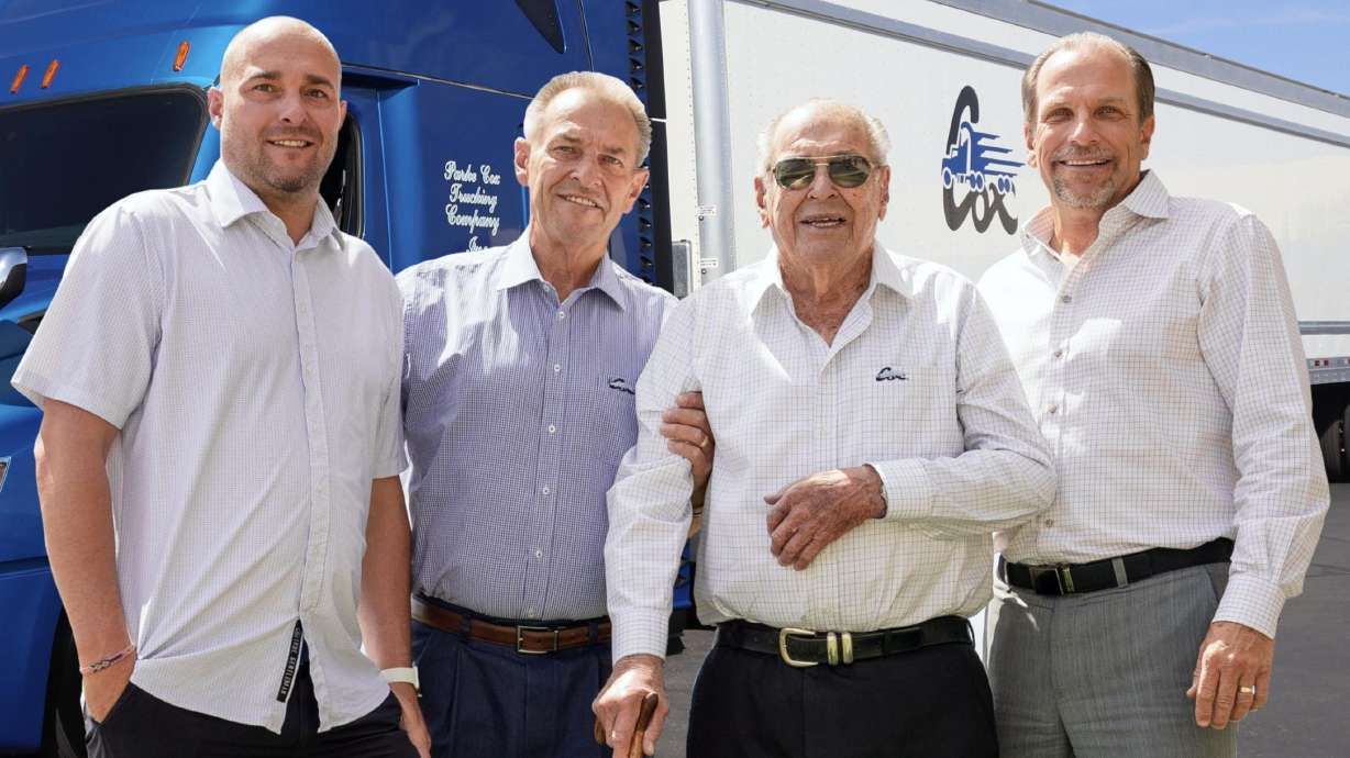 These are the three generations of Parke Cox Trucking (L-R): Brecken Cox, Dave Cox, Parke Cox and Don Cox, in St. George. Dave Cox passed away on April 3 and was given a fitting sendoff on Saturday with horns blaring loudly.