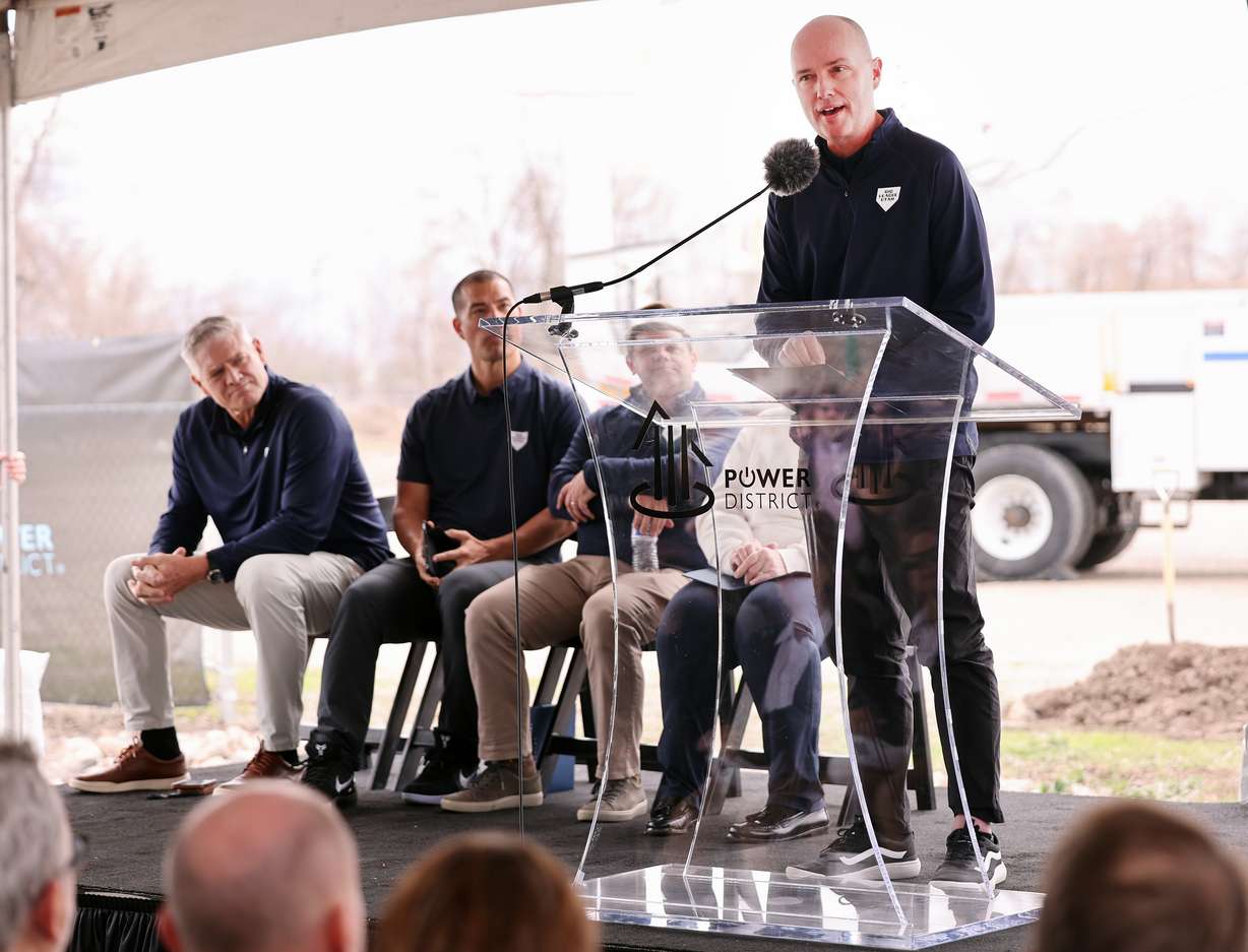 Gov. Spencer Cox joins other dignitaries at the groundbreaking of the Rocky Mountain Power District property on Wednesday. Gail Miller also announced plans to hopefully bring a Major League Baseball team to the area.