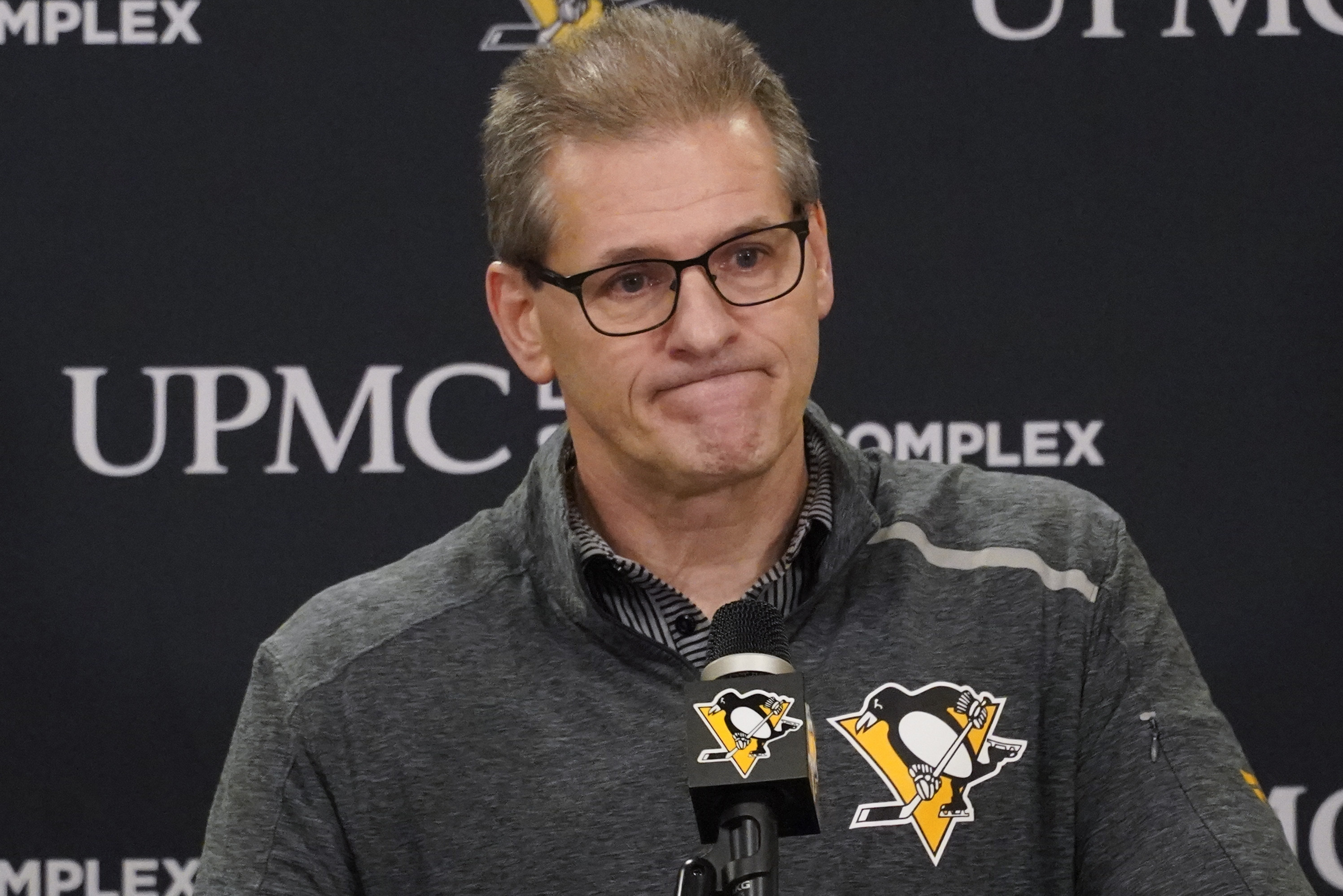 FILE - Pittsburgh Penguins general manager Ron Hextall takes questions during his end-of-season NHL hockey news conference, Monday, May 23, 2022, in Cranberry Township, Butler County, Pa. The Penguins fired Hextall on Friday, April 14, 2023, after the team failed to make the playoffs for the first time since 2006. 