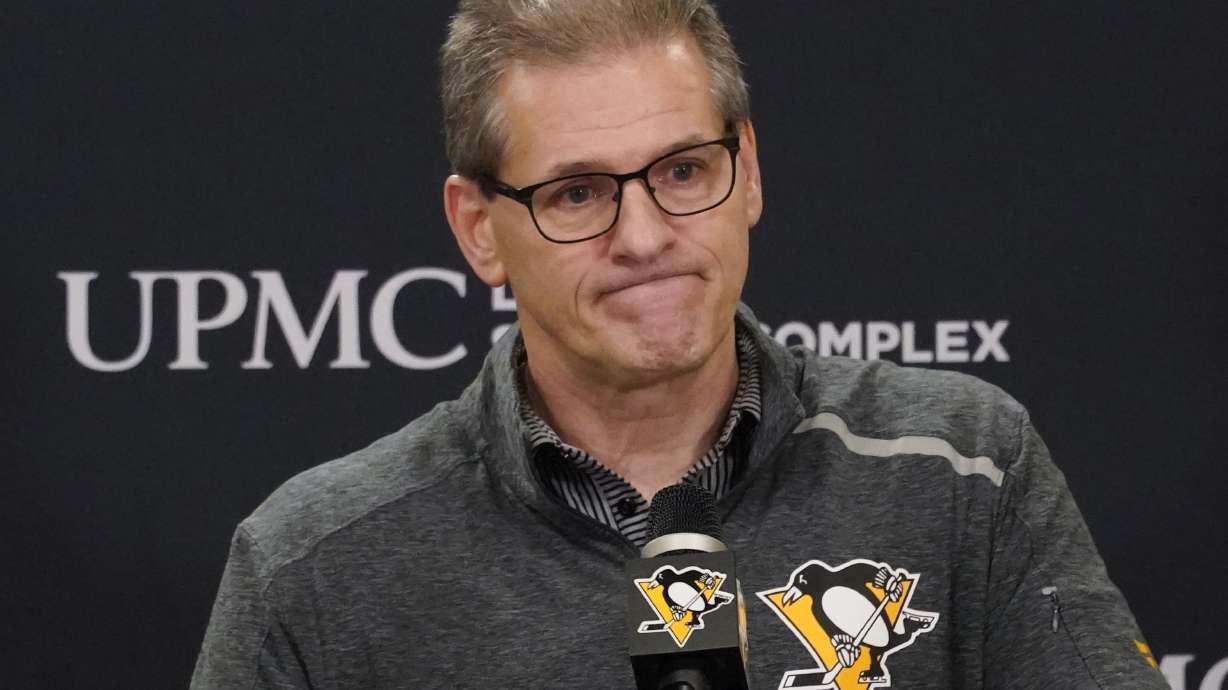 FILE - Pittsburgh Penguins general manager Ron Hextall takes questions during his end-of-season NHL hockey news conference, Monday, May 23, 2022, in Cranberry Township, Butler County, Pa. The Penguins fired Hextall on Friday, April 14, 2023, after the team failed to make the playoffs for the first time since 2006.