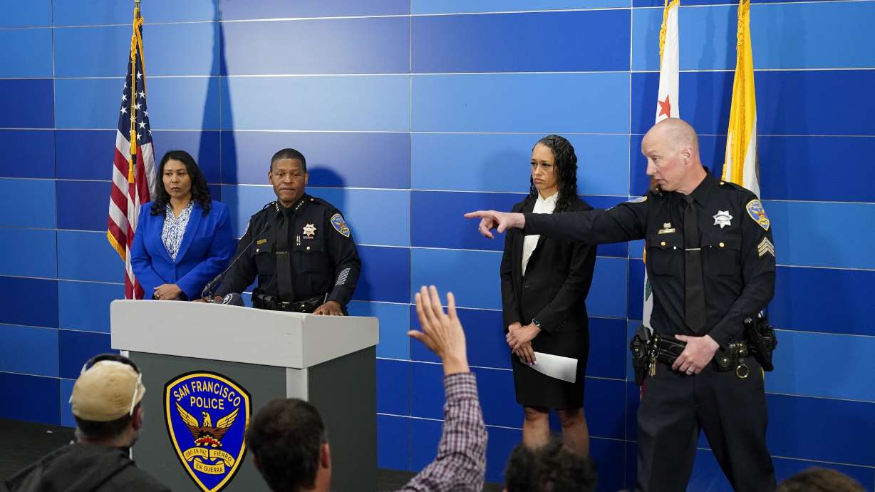 San Francisco Police Chief William Scott, second from left, answers questions from reporters during a press conference where officials announced the arrest of a suspect in the homicide investigation of Robert Lee, Thursday in San Francisco. San Francisco prosecutors say the tech consultant charged with the killing of Cash App founder Bob Lee planned the attack.