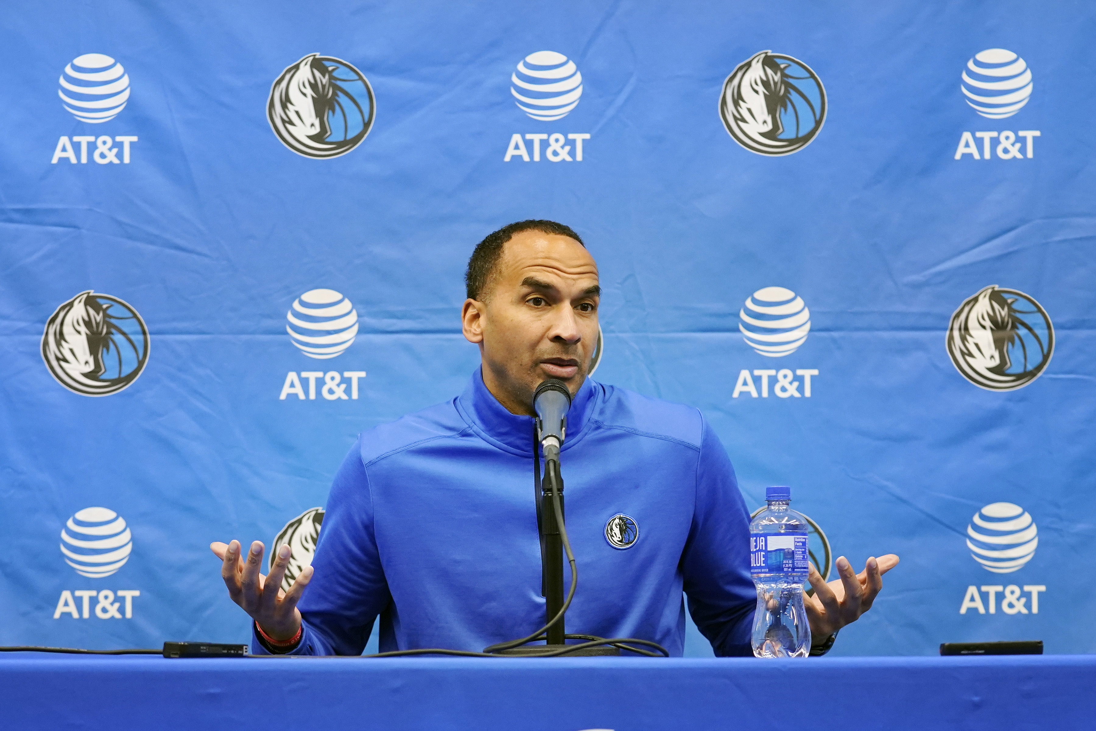 Dallas Mavericks general manager Nico Harrison speaks during an availability with reporters at the team's NBA basketball practice facility in Dallas, Tuesday, April 11, 2023. 