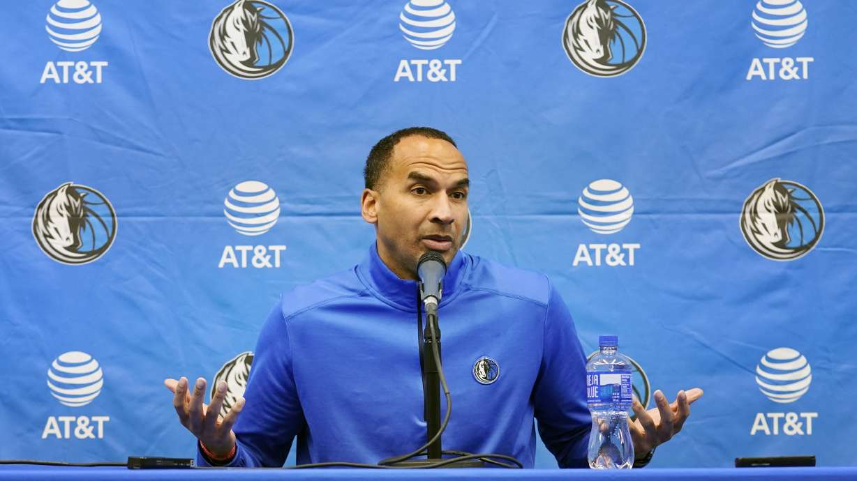 Dallas Mavericks general manager Nico Harrison speaks during an availability with reporters at the team's NBA basketball practice facility in Dallas, Tuesday, April 11, 2023.