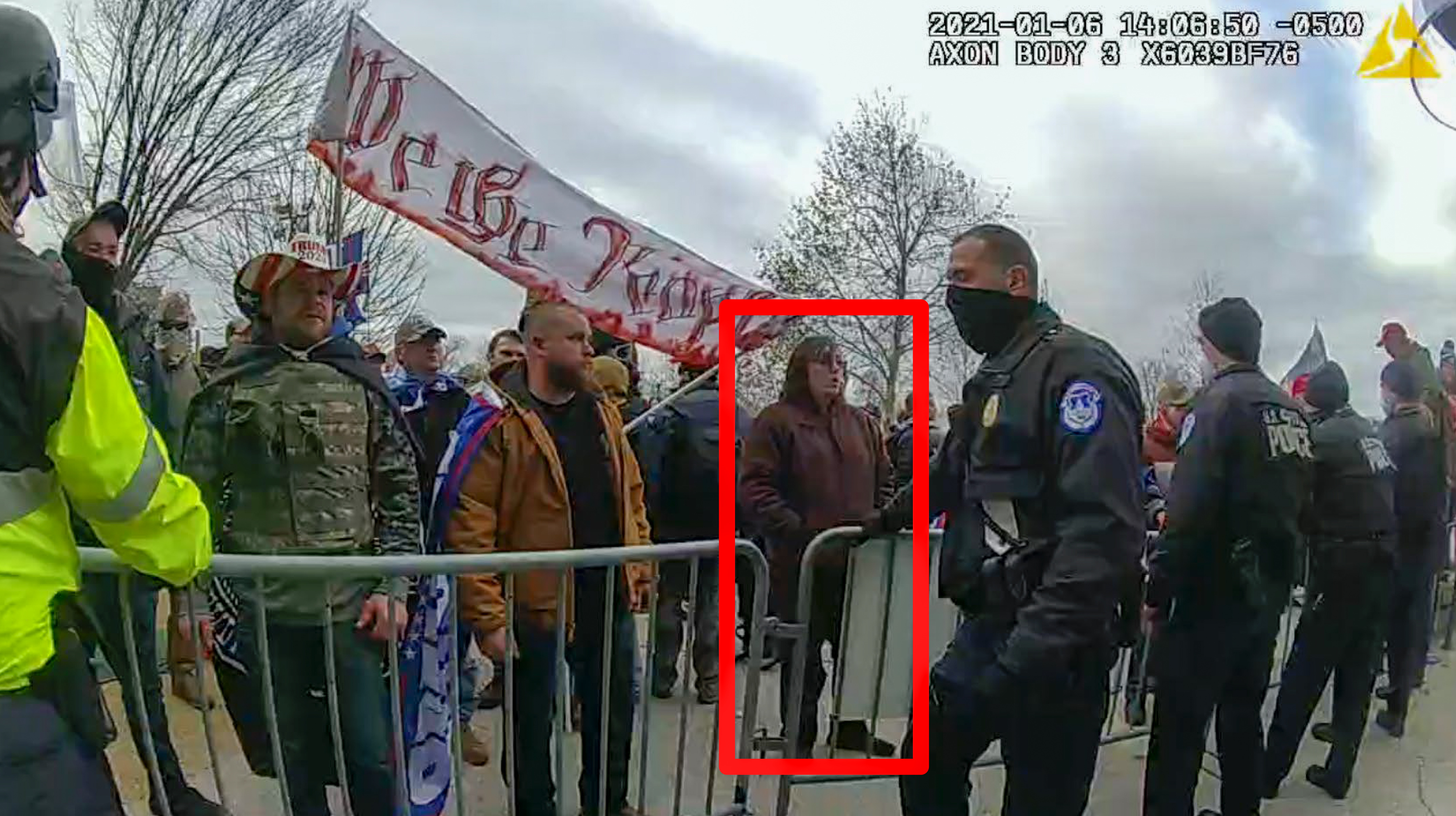 In this image from U.S. Capitol Police video, released and annotated by the Justice Department in the sentencing memorandum, Patrick McCaughey III, appears on police body-worn camera footage at the U.S. Capitol on Jan. 6, 2021, in Washington. McCaughey who used a stolen riot shield to crush a police officer in a doorframe during the U.S. Capitol insurrection was sentenced on Friday to more than seven years in prison for his role in one of the most violent episodes of the Jan. 6 attack.