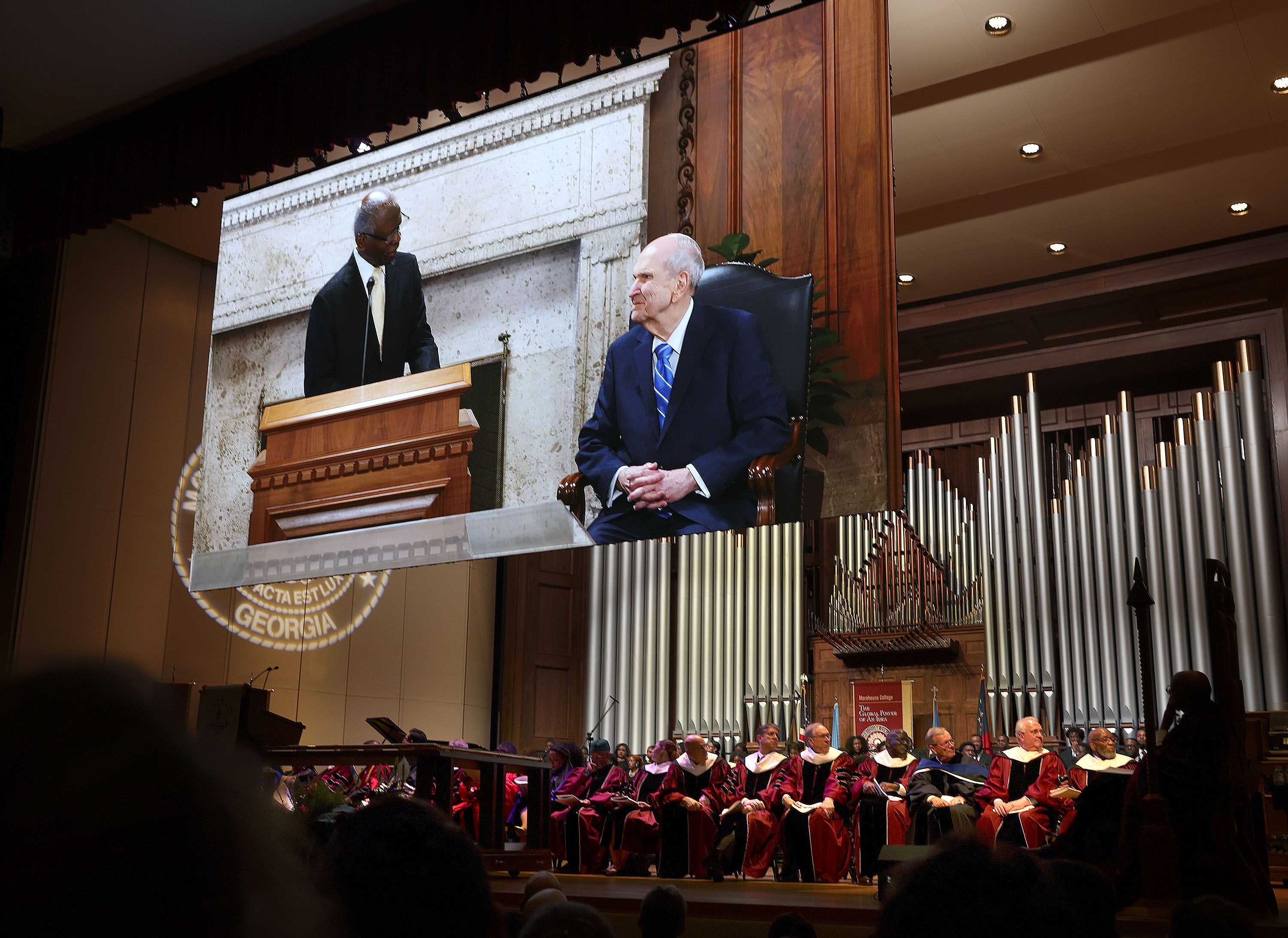 Dr. Lawrence Edward Carter Sr., professor and founding dean of the Martin Luther King, Jr. International Chapel, honors President Russell M. Nelson with the Gandi-King-Mandela Peace Prize at the annual Worldhouse Interfaith & Interdenominational Assembly at the Martin Luther King, Jr. International Chapel at Morehouse College in Atlanta on Thursday.