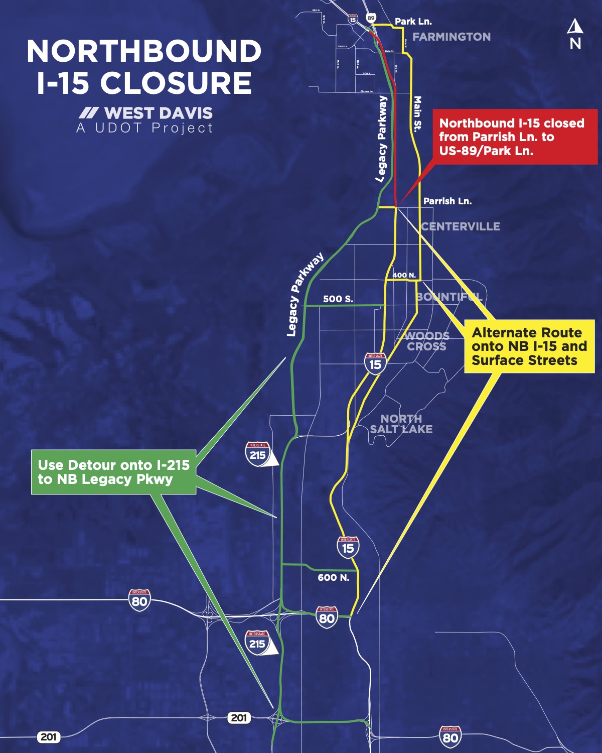 This shows where the closures will be on northbound I-15 this weekend.