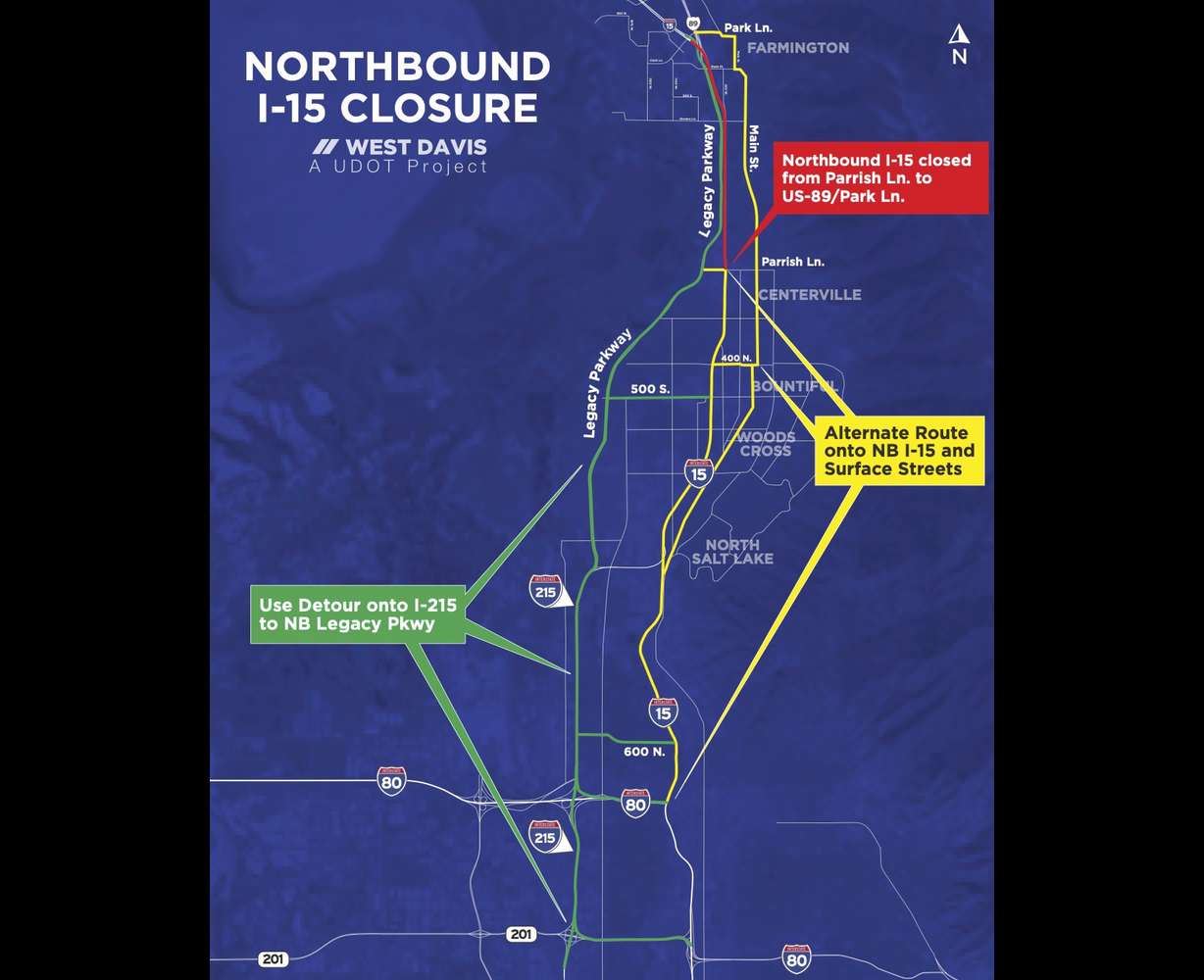 This shows where the closures will be on northbound I-15 this weekend.