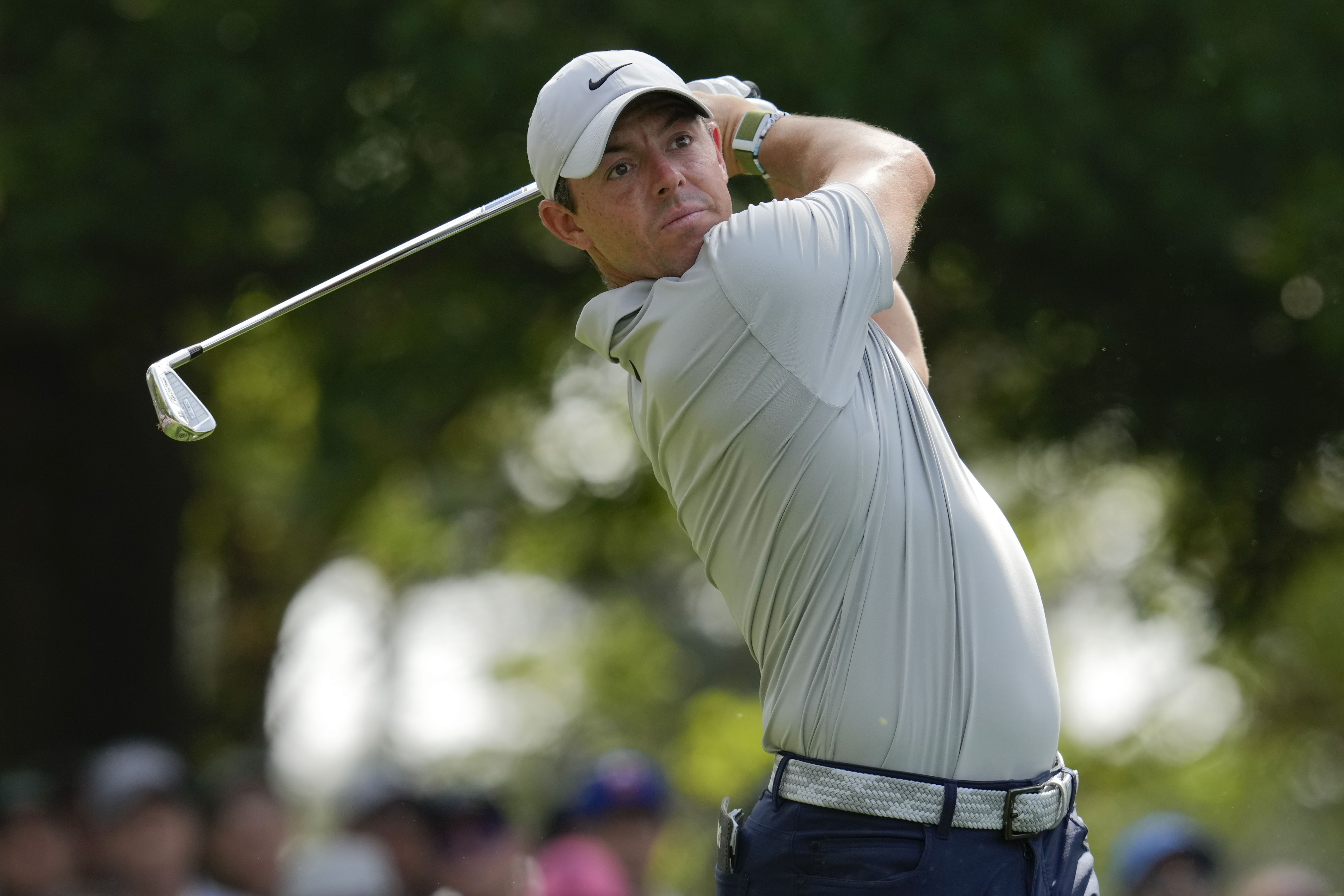 Rory McIlroy, of Northern Ireland, watches his tee shot on the fourth hole during the second round of the Masters golf tournament at Augusta National Golf Club on Friday, April 7, 2023, in Augusta, Ga. 
