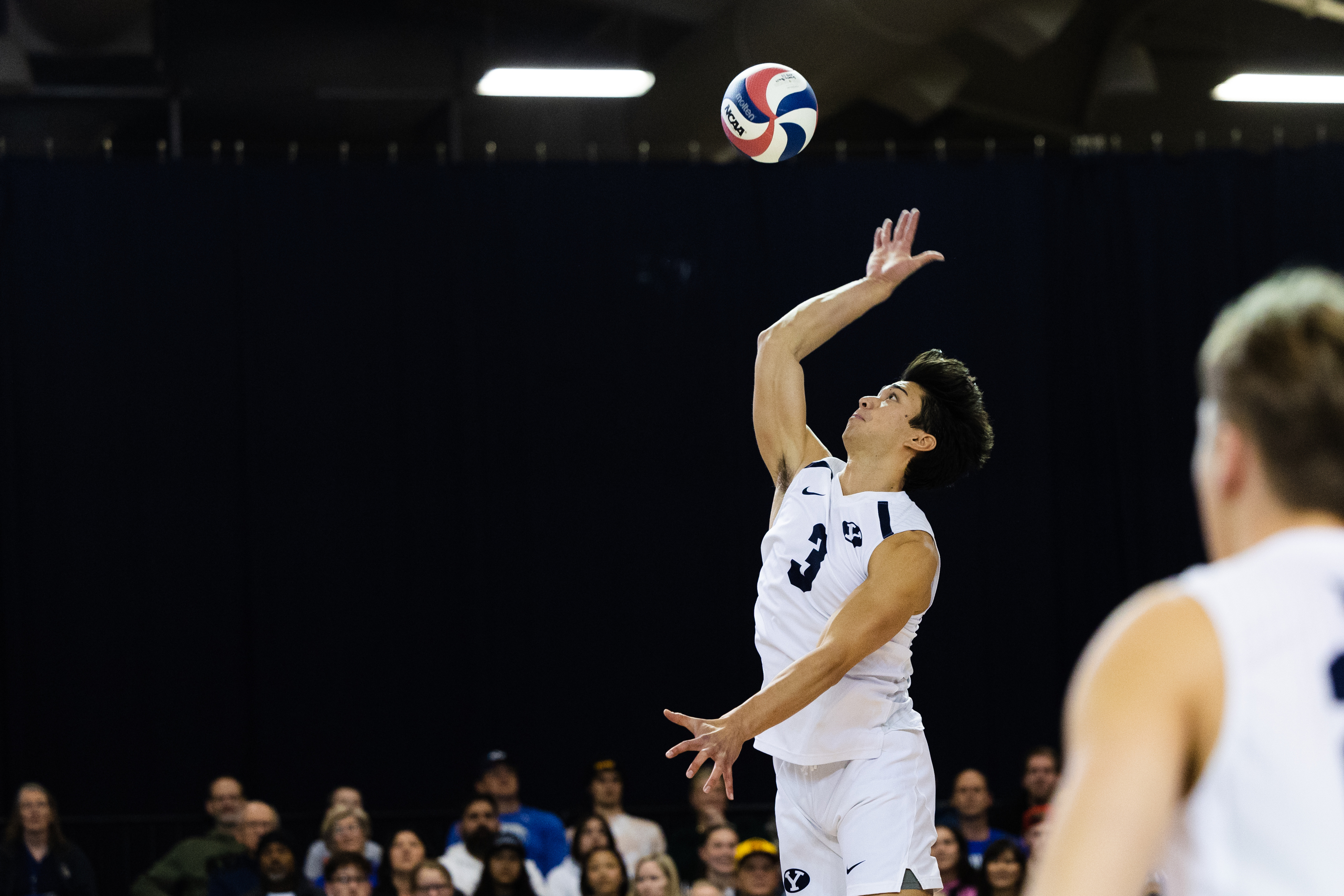 Brigham Young’s Kupono Browne (3) spikes the ball during an NCAA mens volleyball match at the Smith Fieldhouse in Provo on Friday, Feb. 10, 2023.