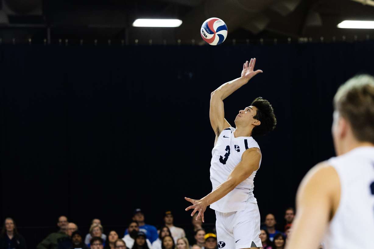 Brigham Young’s Kupono Browne (3) spikes the ball during an NCAA mens volleyball match at the Smith Fieldhouse in Provo on Friday, Feb. 10, 2023.