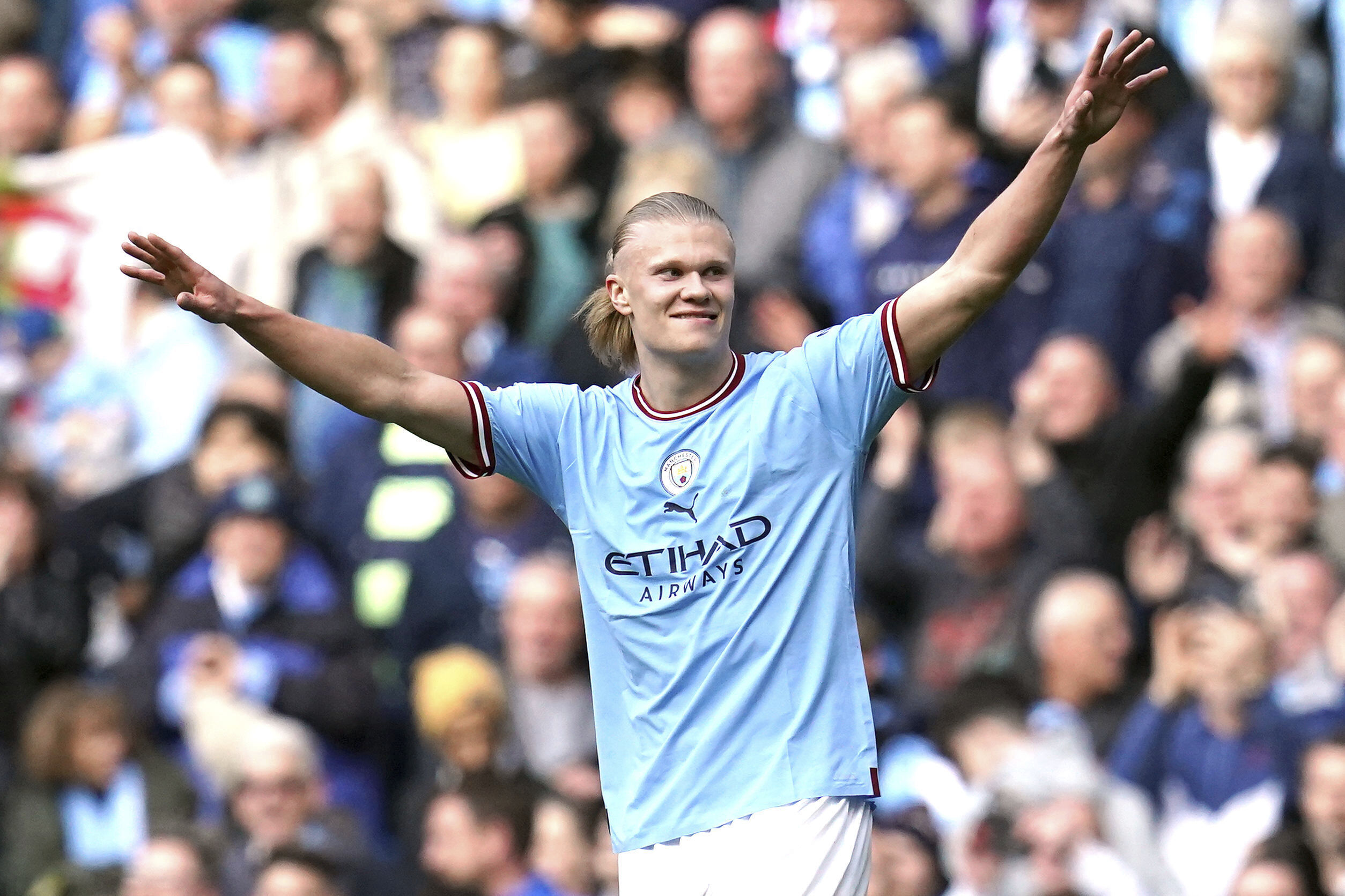 Manchester City's Erling Haaland celebrates scoring his side's third goal during the English Premier League soccer match between Manchester City and Leicester City at Etihad Stadium in Manchester, England, Saturday, April 15, 2023. 