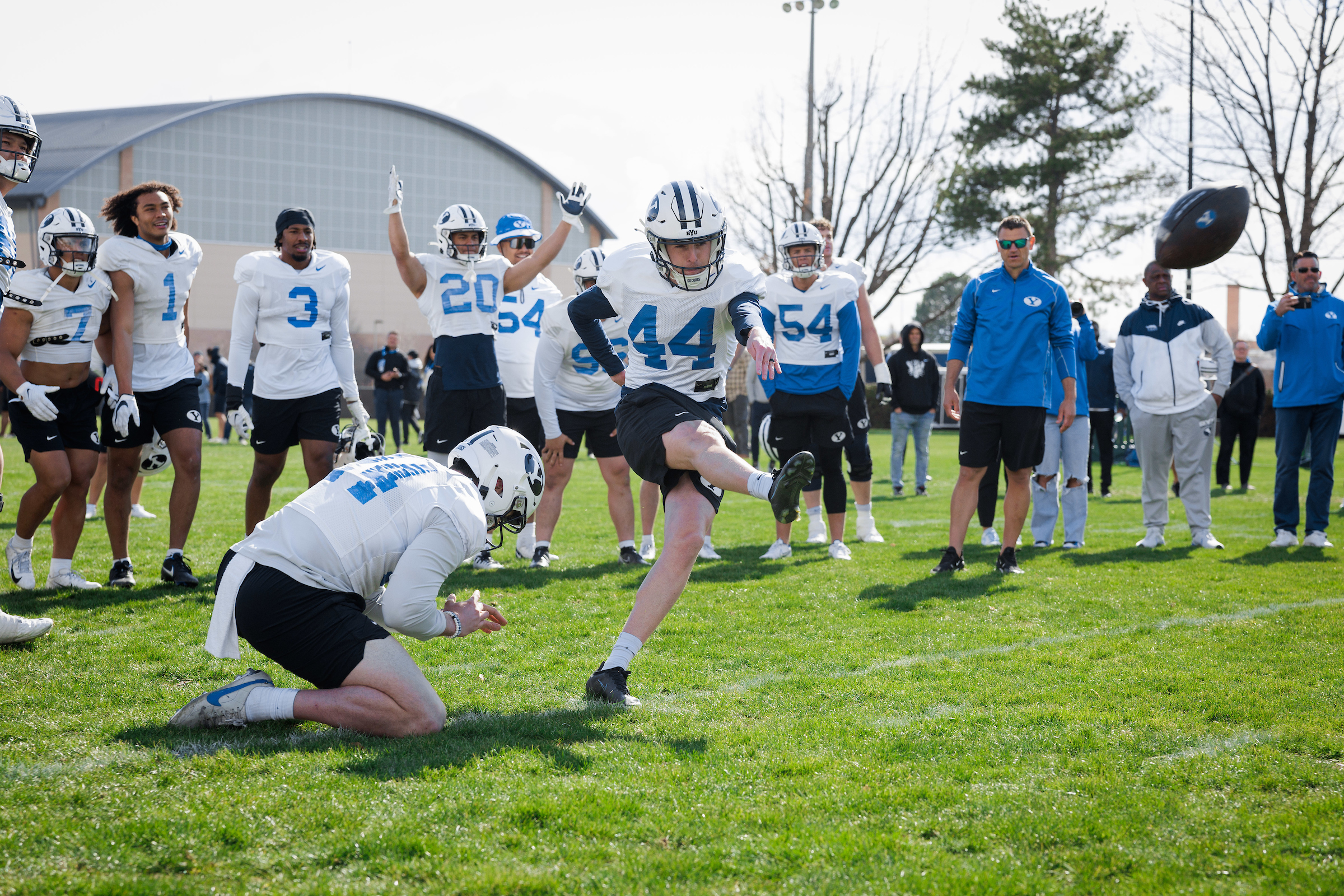 BYU kicker Will Ferrin takes a try after the Cougars' 15th and final practice, Friday, April 15, 2023 in Provo.