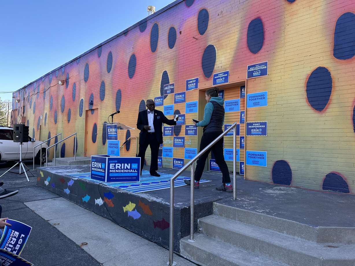 Rev. France Davis introduces Salt Lake City Mayor Erin Mendenhall at her rally that kicked of her reelection campaign Saturday at the Neighborhood Hive in Salt Lake City.