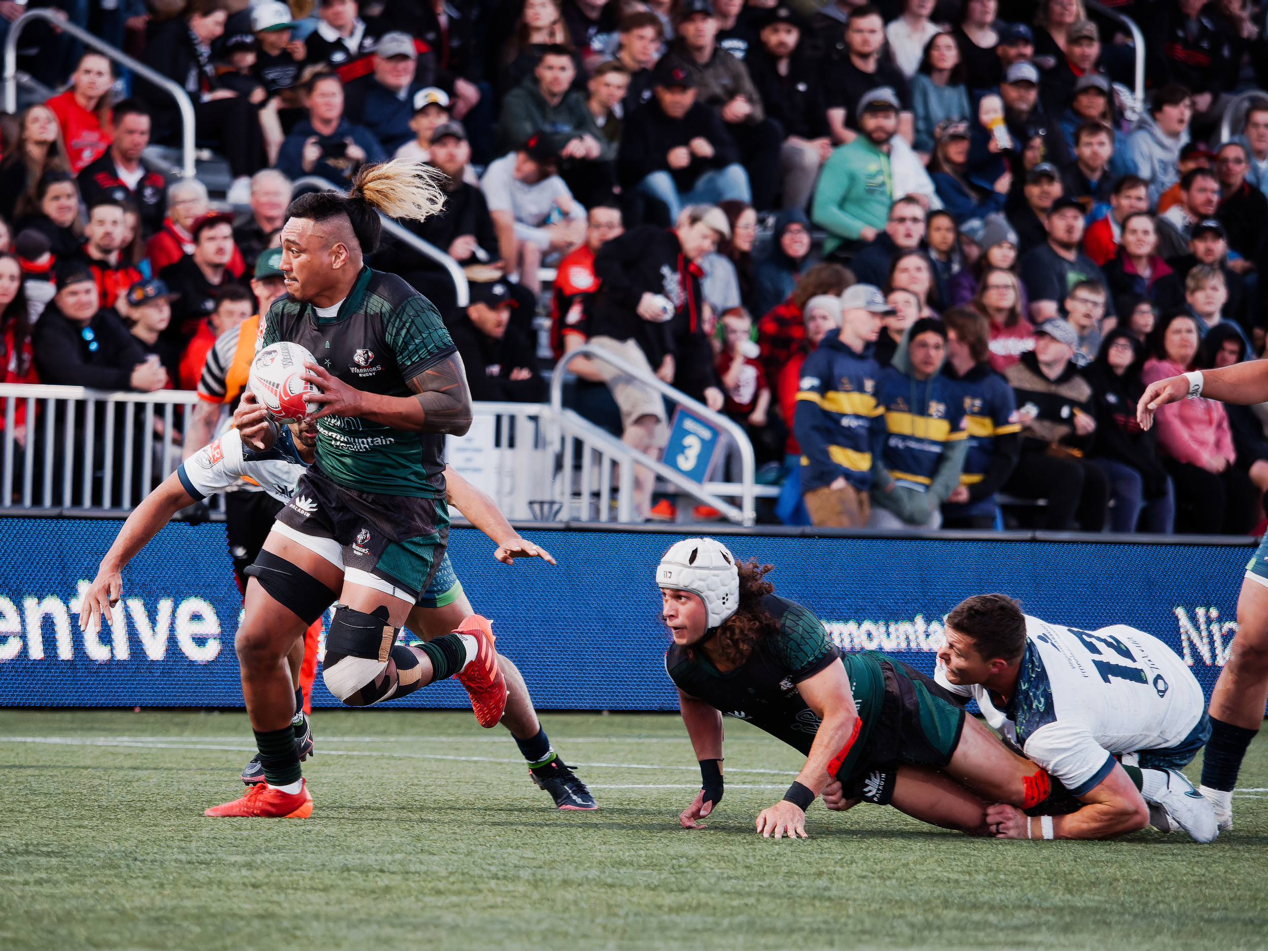 Utah Warriors flanker Lance Williams pulls away for a try during a 41-35 win over the Seattle Seawolves, Saturday, April 15, 2023 at Zions Bank Stadium in Herriman, Utah.