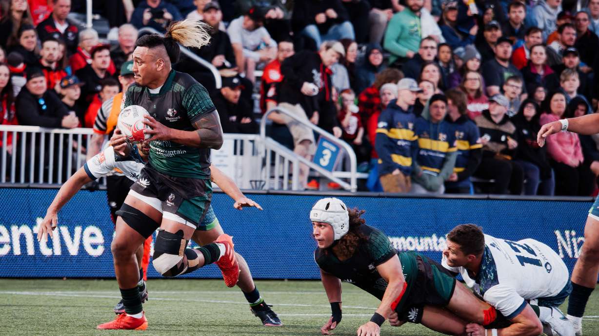 Utah Warriors flanker Lance Williams pulls away for a try during a 41-35 win over the Seattle Seawolves, Saturday, April 15, 2023 at Zions Bank Stadium in Herriman, Utah.