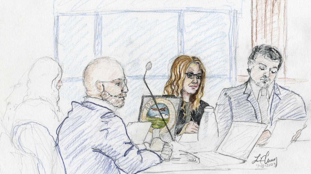 This courtroom sketch, from left, depicts Madison County prosecutor Rob Wood, Lori Vallow Daybell and defense attorney Jim Archibald during opening statements of Vallow Daybell’s murder trial in Boise on Monday, April 10.