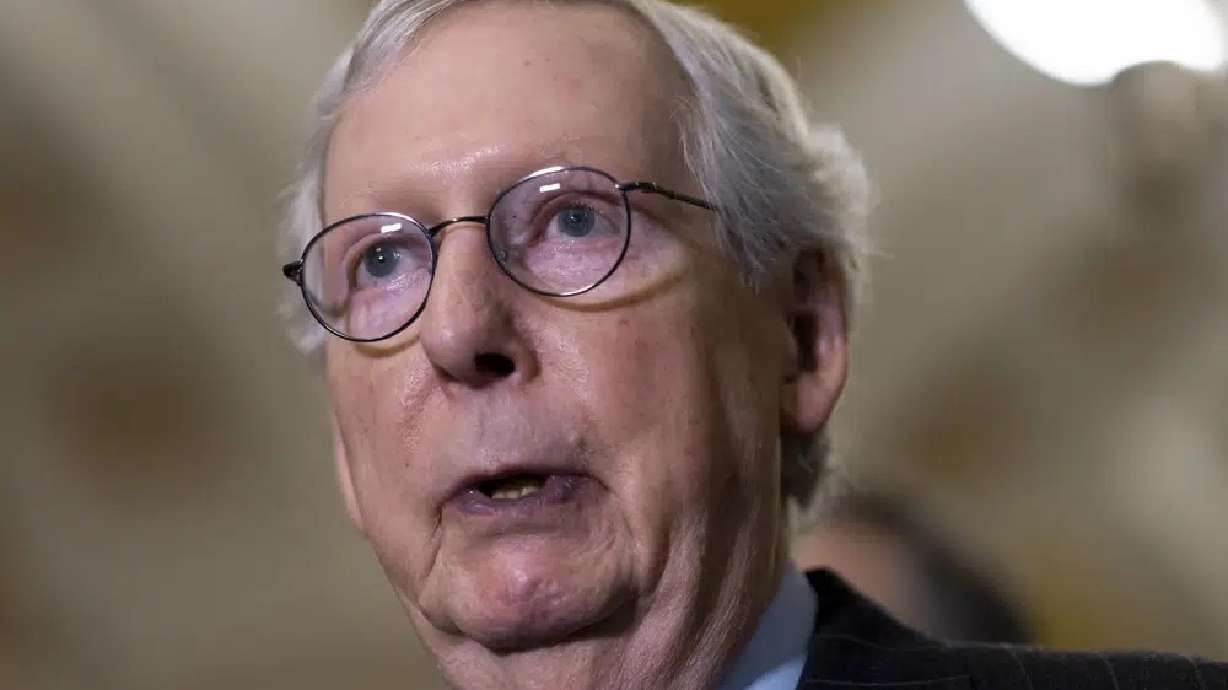 Senate Republican Leader Mitch McConnell, R-Ky., speaks to reporters following a closed-door policy meeting, at the Capitol in Washington, Feb. 28. McConnell will be back at work in the Capitol on Monday, almost six weeks after a fall at a Washington-area hotel.