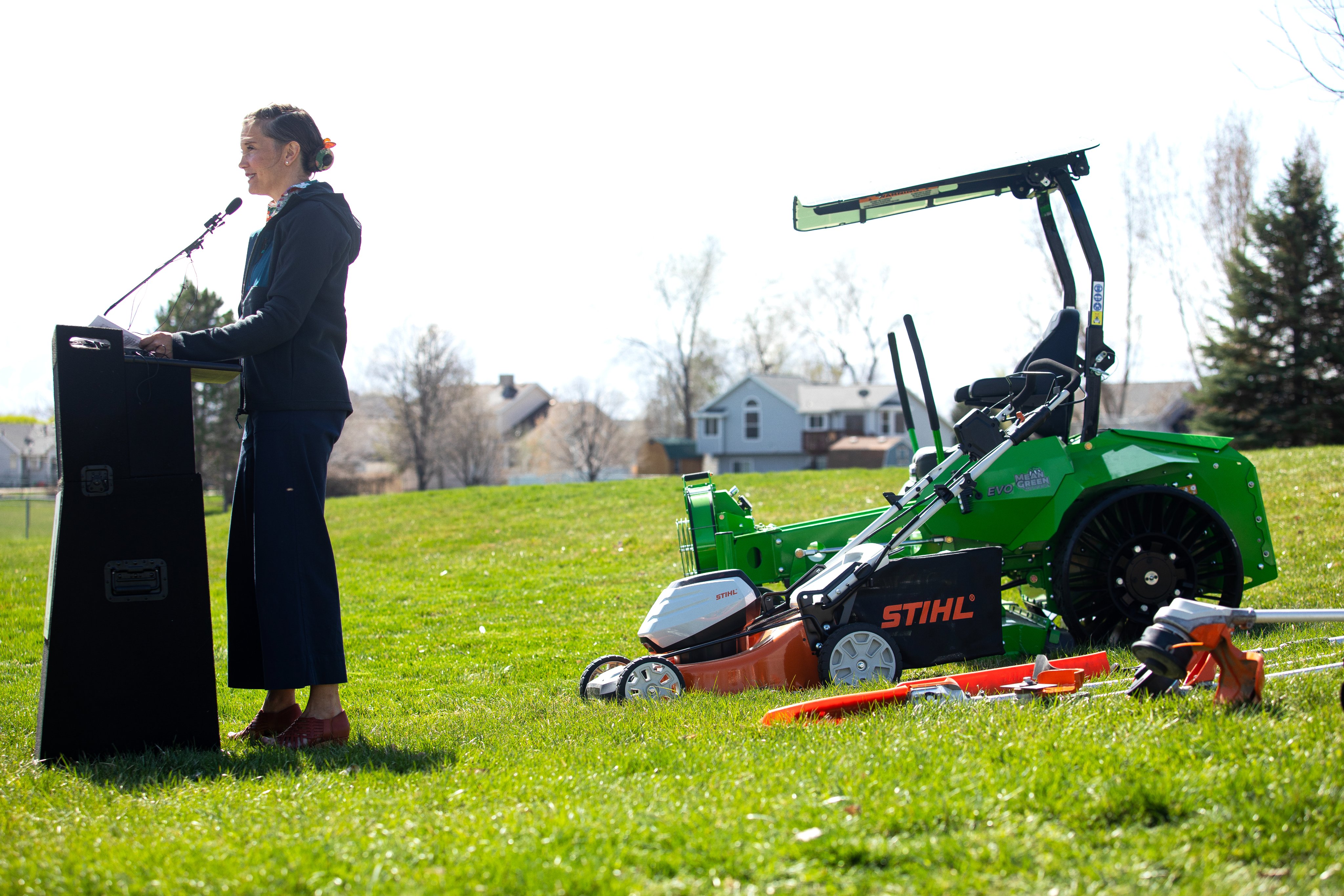 Salt Lake City Mayor Erin Mendenhall speaks during a Charge Your Lawn event at Westpointe Park in Salt Lake City on Monday. This year's program will focus on commercial lawn care businesses.
