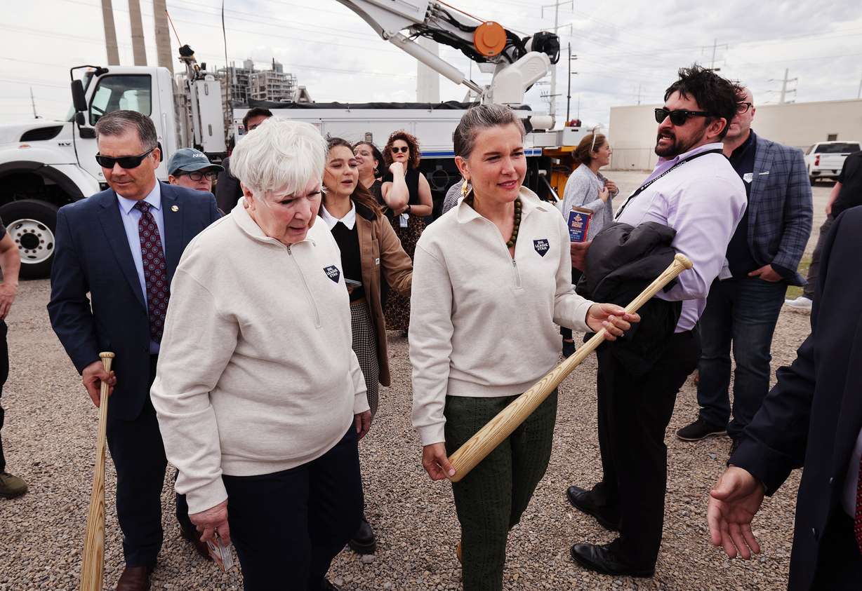 Gail Miller walks with Salt Lake City Mayor Erin Mendenhall as they join other leaders and community members for the groundbreaking of the Rocky Mountain Power District property on April 12. Miller announced plans to bring an MLB team to the site before the groundbreaking ceremony.