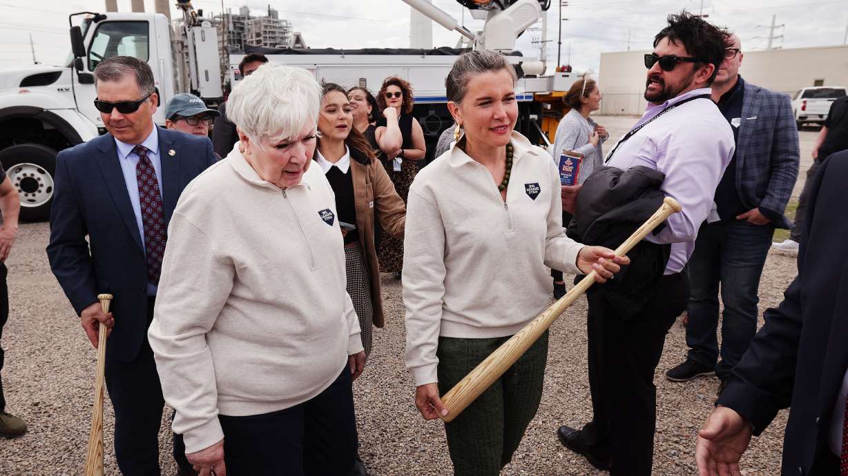 Gail Miller walks with Salt Lake City Mayor Erin Mendenhall at the groundbreaking of the Rocky Mountain Power District property on April 12 after Miller announced a push to bring Major League Baseball to Utah.