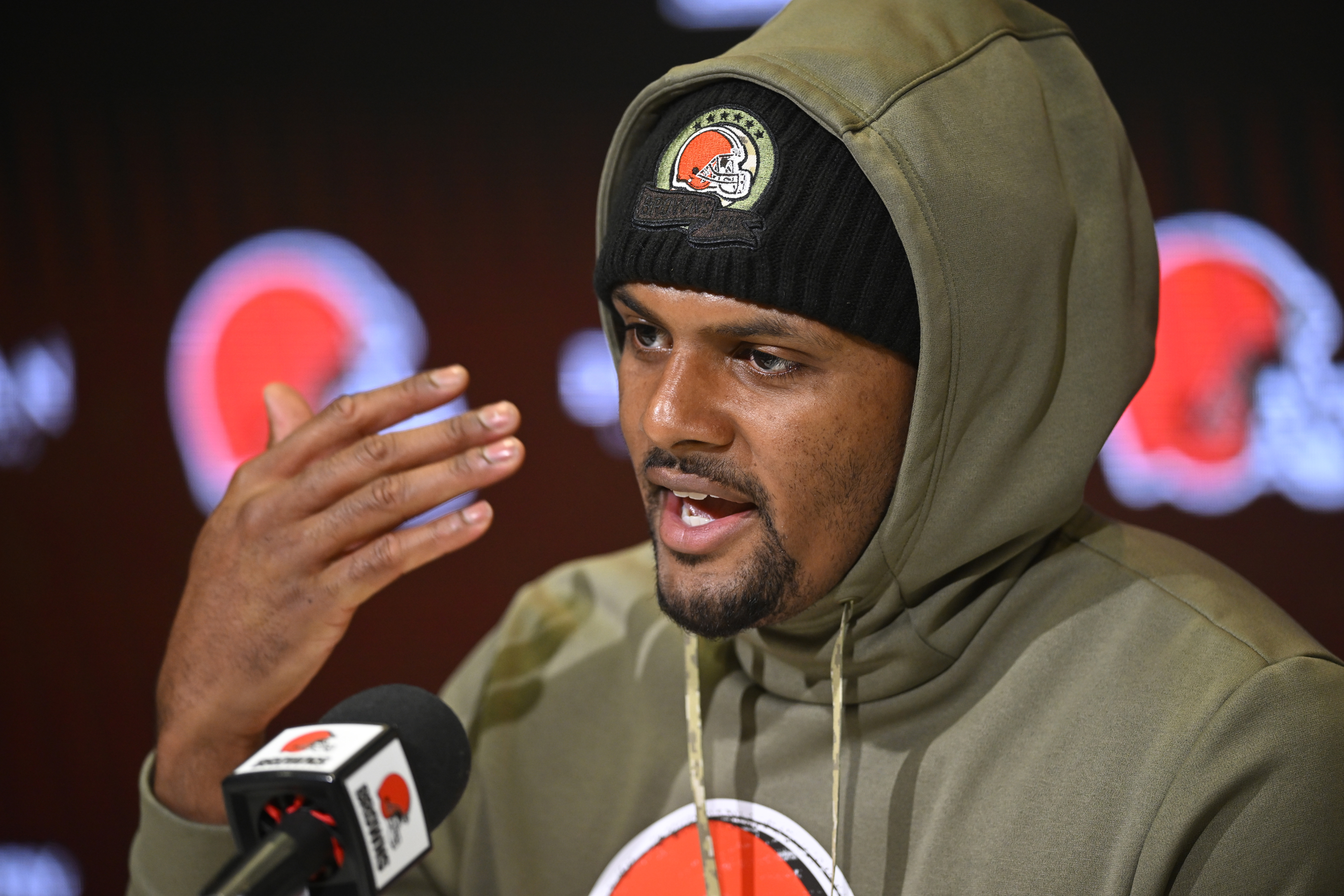 Cleveland Browns quarterback Deshaun Watson speaks with the media during an NFL football news conference at the team's practice facility in Berea, Ohio, Tuesday, April 18, 2023. 