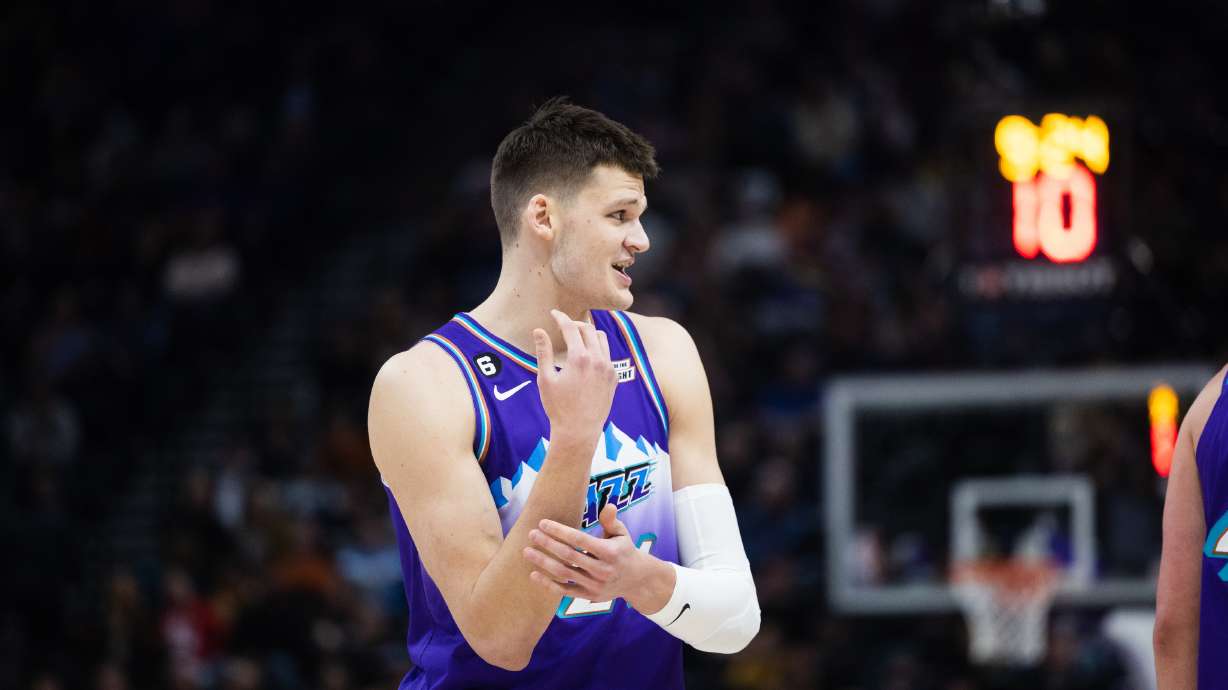 Utah Jazz center Walker Kessler (24) reacts after a call during an NBA game at Vivint Arena in Salt Lake City on Feb. 23, 2023.