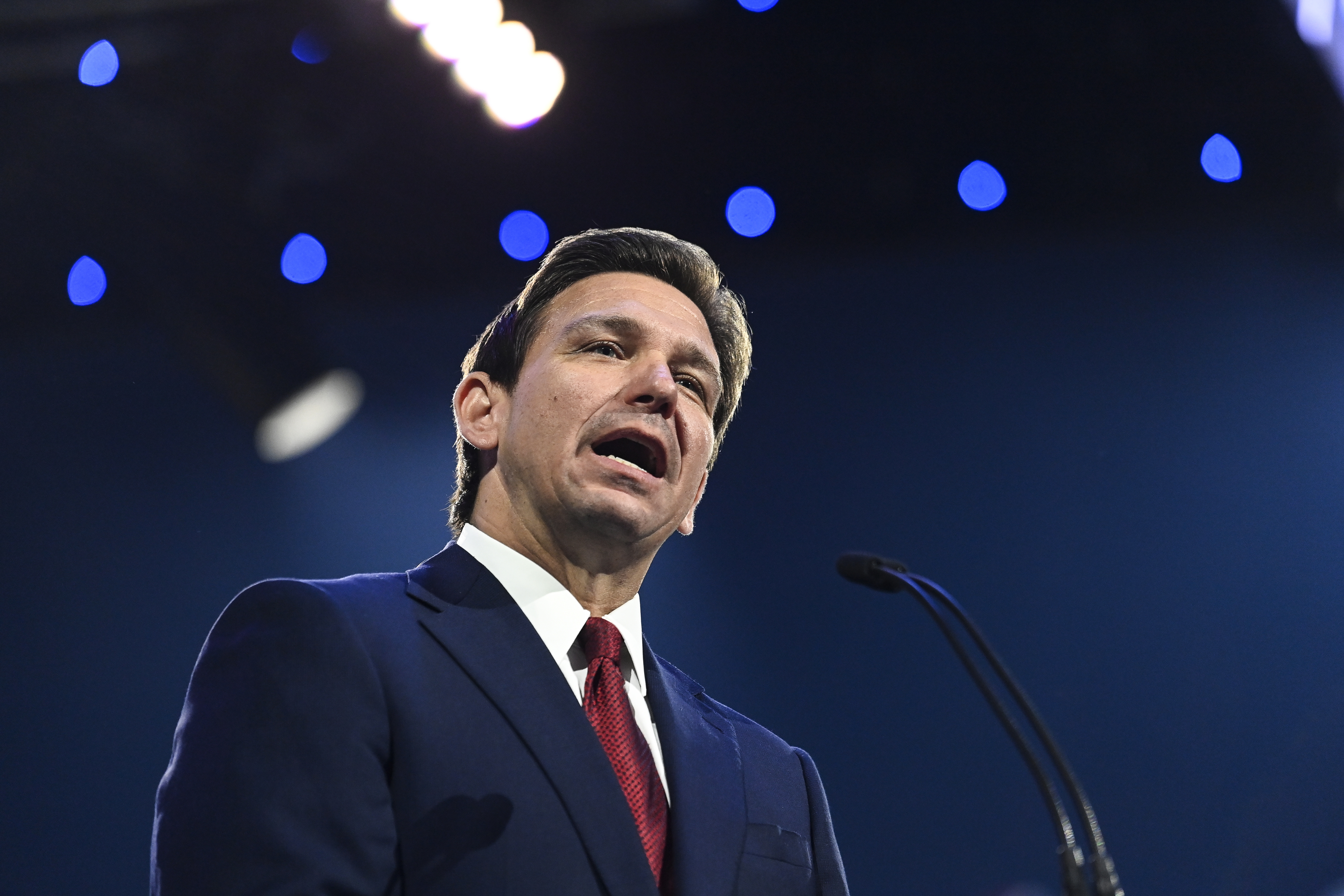 Florida Gov. Ron DeSantis speaks during convocation at Liberty University, in Lynchburg, Va., April 14. DeSantis is expected to speak Saturday at Utah's GOP convention.