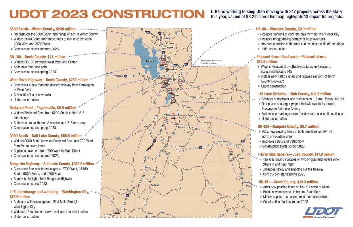 This map shows a few of the largest transportation projects happening in 2023. The Utah Department of Transportation says more than 200 projects are scheduled for this year.
