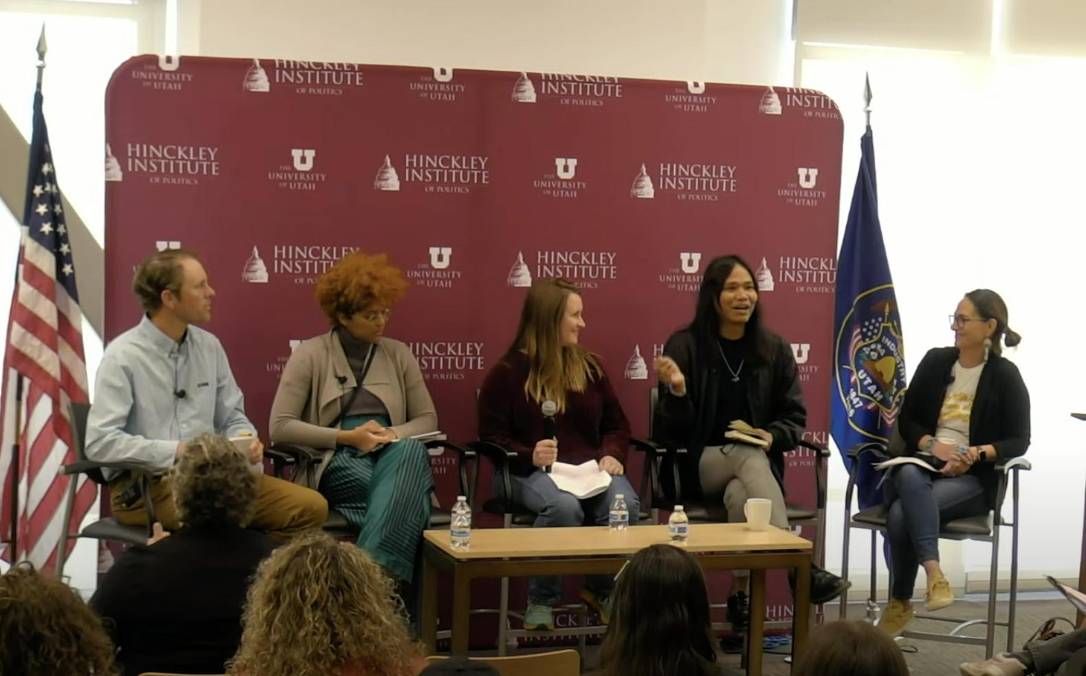 From left: Jeff Rose, U. professor in Parks, Recreation, and Tourism Department; Leah Richardson-Oppliger, engineer with Utah Division of Water Rights; Maria Archibald, lands and water programs coordinator for the Sierra Club Utah Chapter; Diné freelance writer Alastair Lee Bitsóí; and Heather Tanana, a Diné law professor with expertise in tribal water issues.