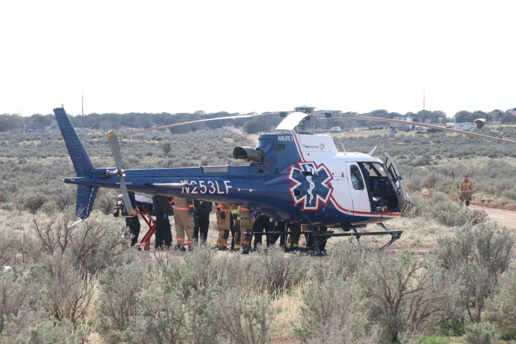 An AirLife Utah medical helicopter at the scene of a reported industrial accident near 6400 N. Lund Highway north of Cedar City, Wednesday.