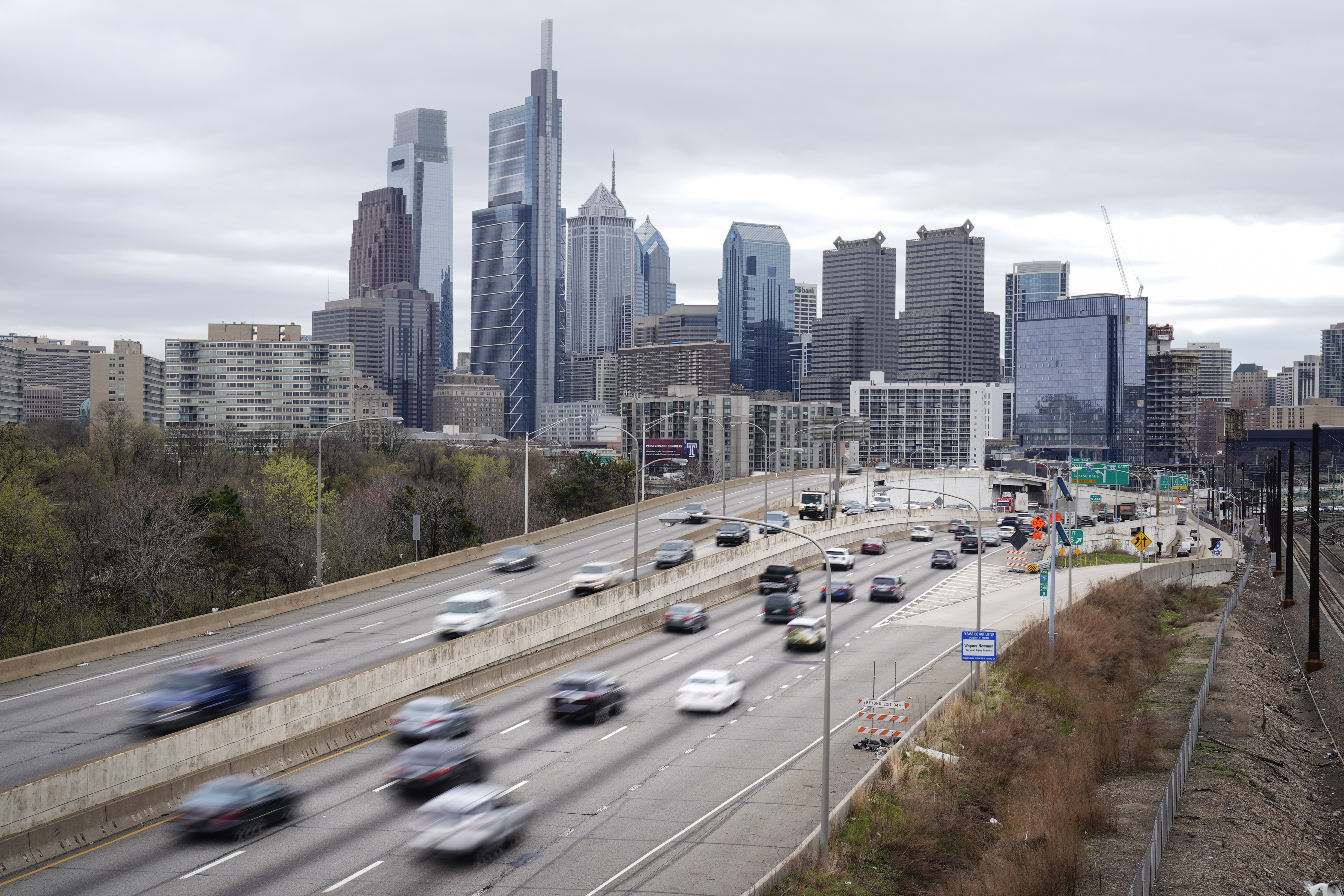 Traffic moves along the I-76 highway on March 31, 2021, in Philadelphia. The number of people killed on U.S. roadways decreased slightly in 2022, but government officials said the 42,795 people who died is still a national crisis. 
