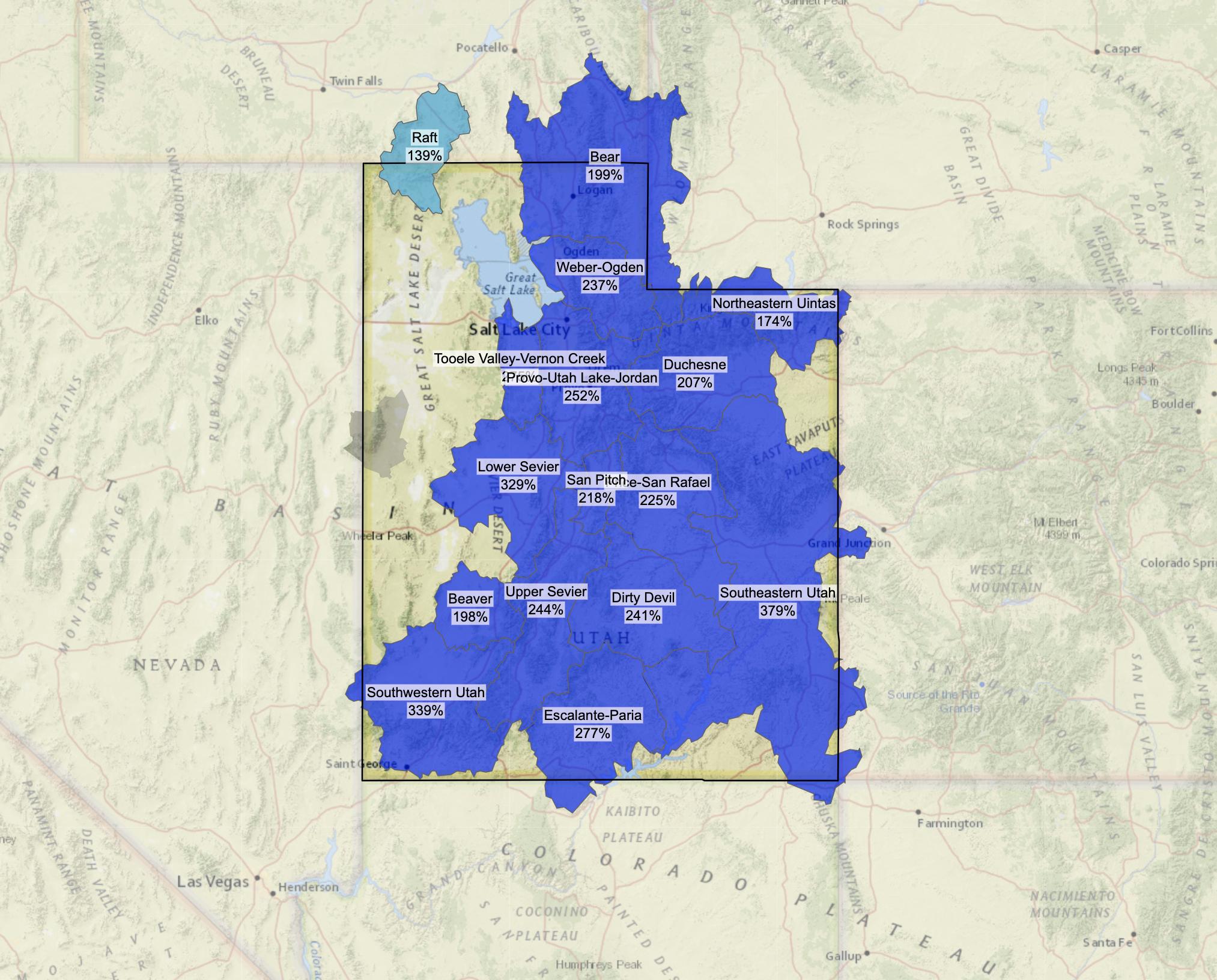 This map shows how this year's snow water equivalent compares to the median from 1991-2020.