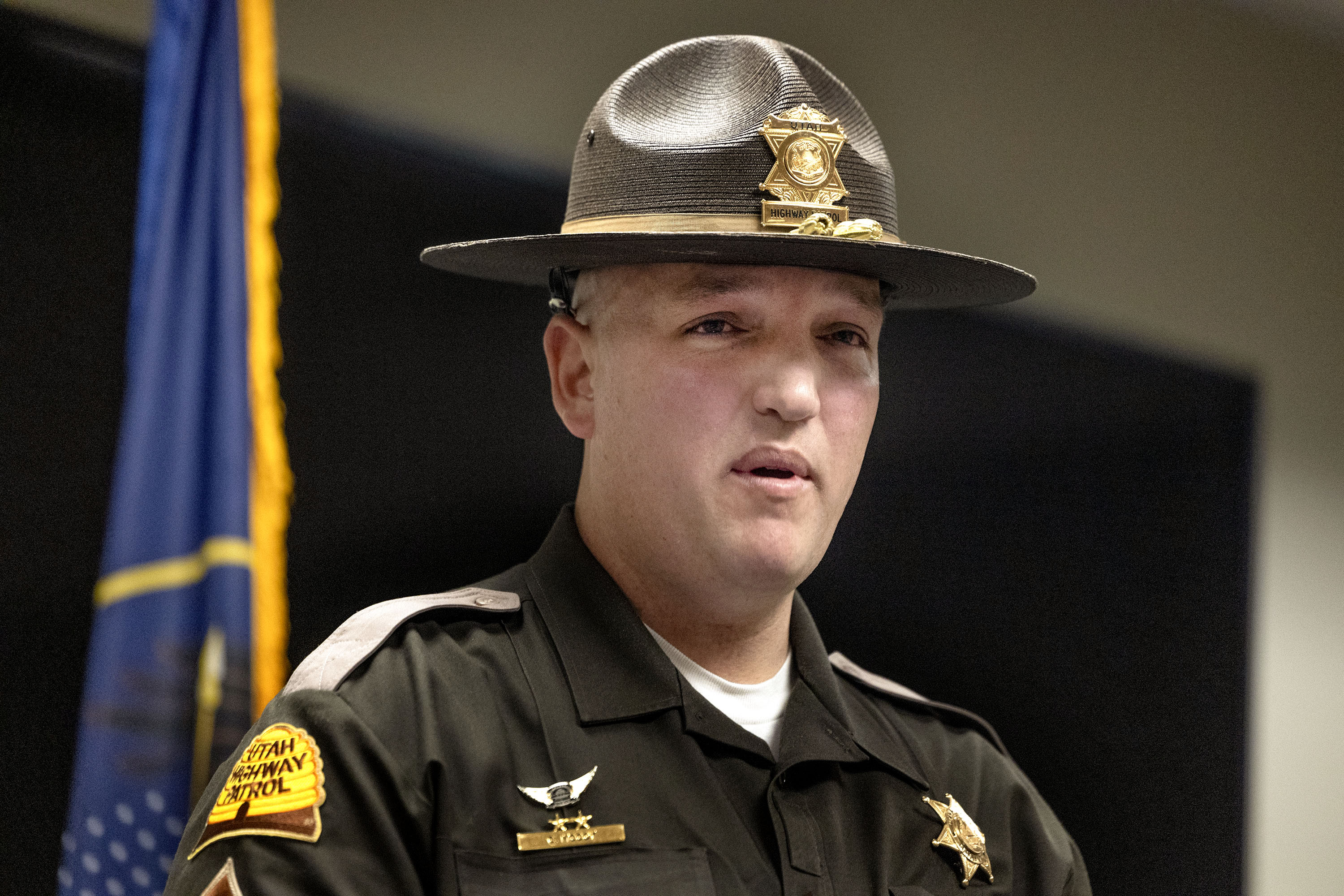 UHP Sgt. Chad McCoy speaks about his heroic actions at the Police Officer Standards and Training building in Sandy on Thursday. McCoy collided with a wrong-way driver on I-80 in Tooele to prevent harm to other motorists on the road.