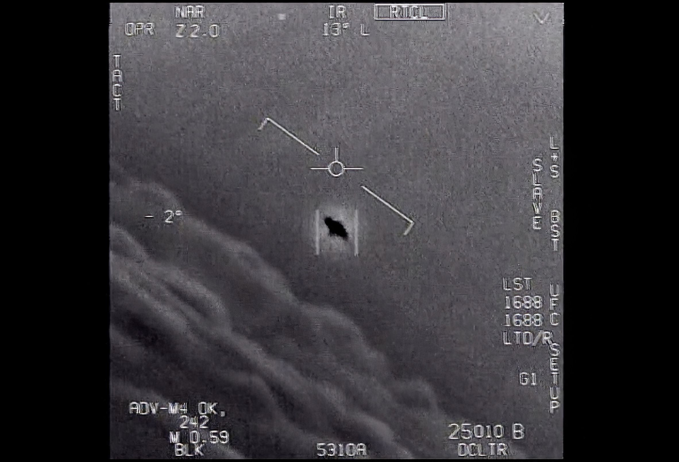 In an image provided by the Department of Defense labeled Gimbal, from 2015, an unexplained object is seen at center as it is tracked high along the clouds. The Pentagon is tracking 650 UFO cases. 