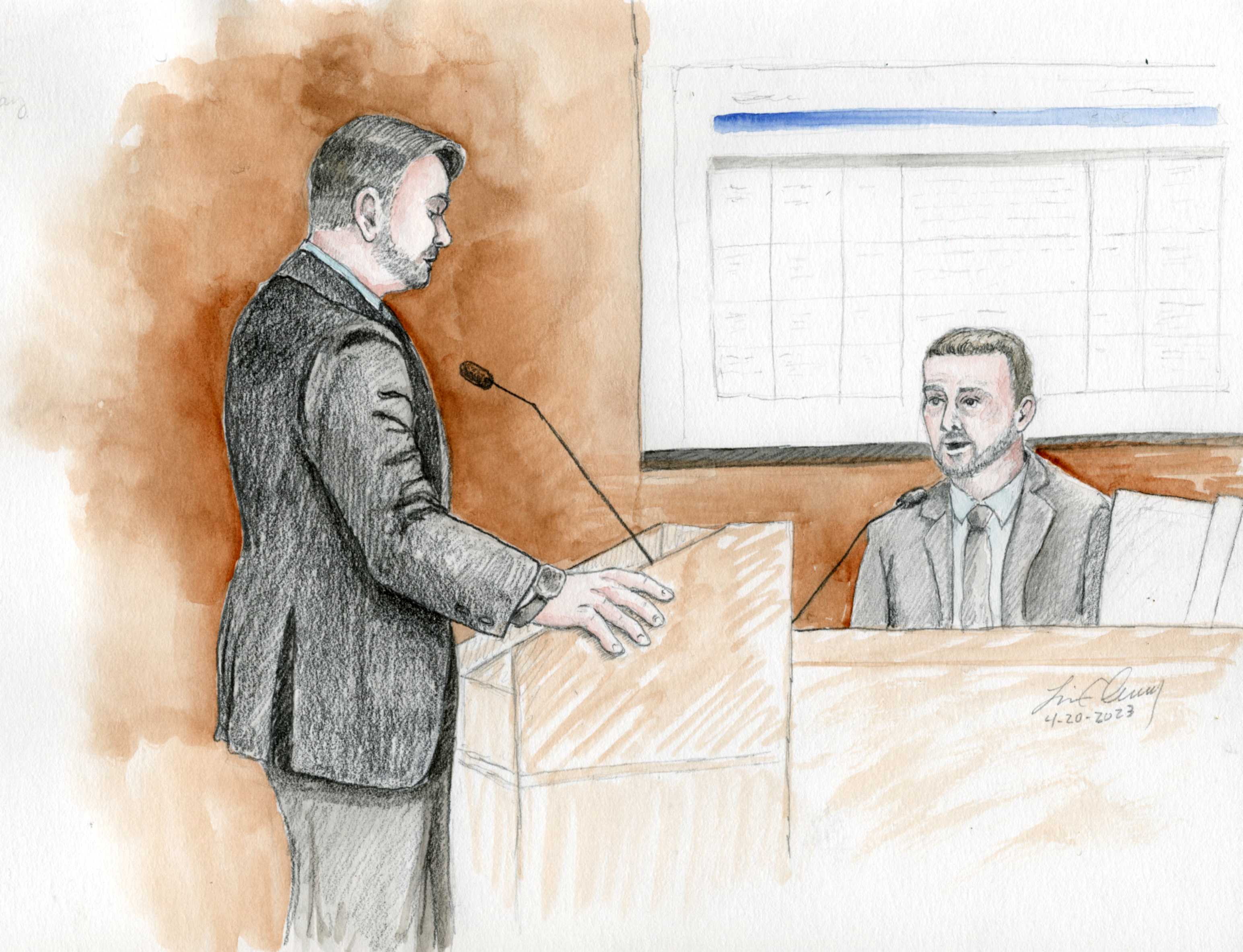 Benjamin Dean, an intelligence analyst with the FBI, is questioned by prosecutor Spencer Rammell in the Lori Vallow Daybell murder trial in Boise on Thursday.