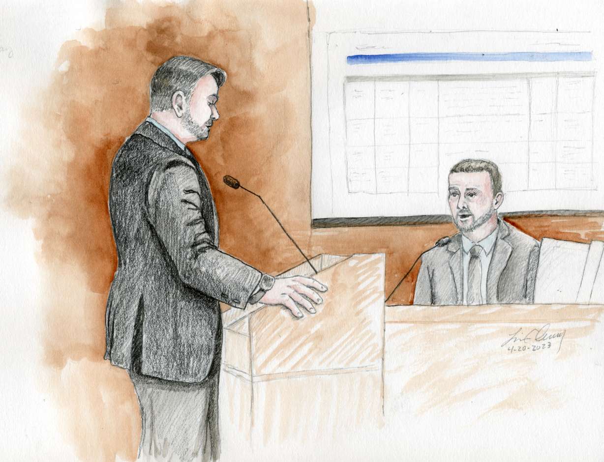 Benjamin Dean, an intelligence analyst with the FBI, is questioned by prosecutor Spencer Rammell in the Lori Vallow Daybell murder trial in Boise on Thursday.