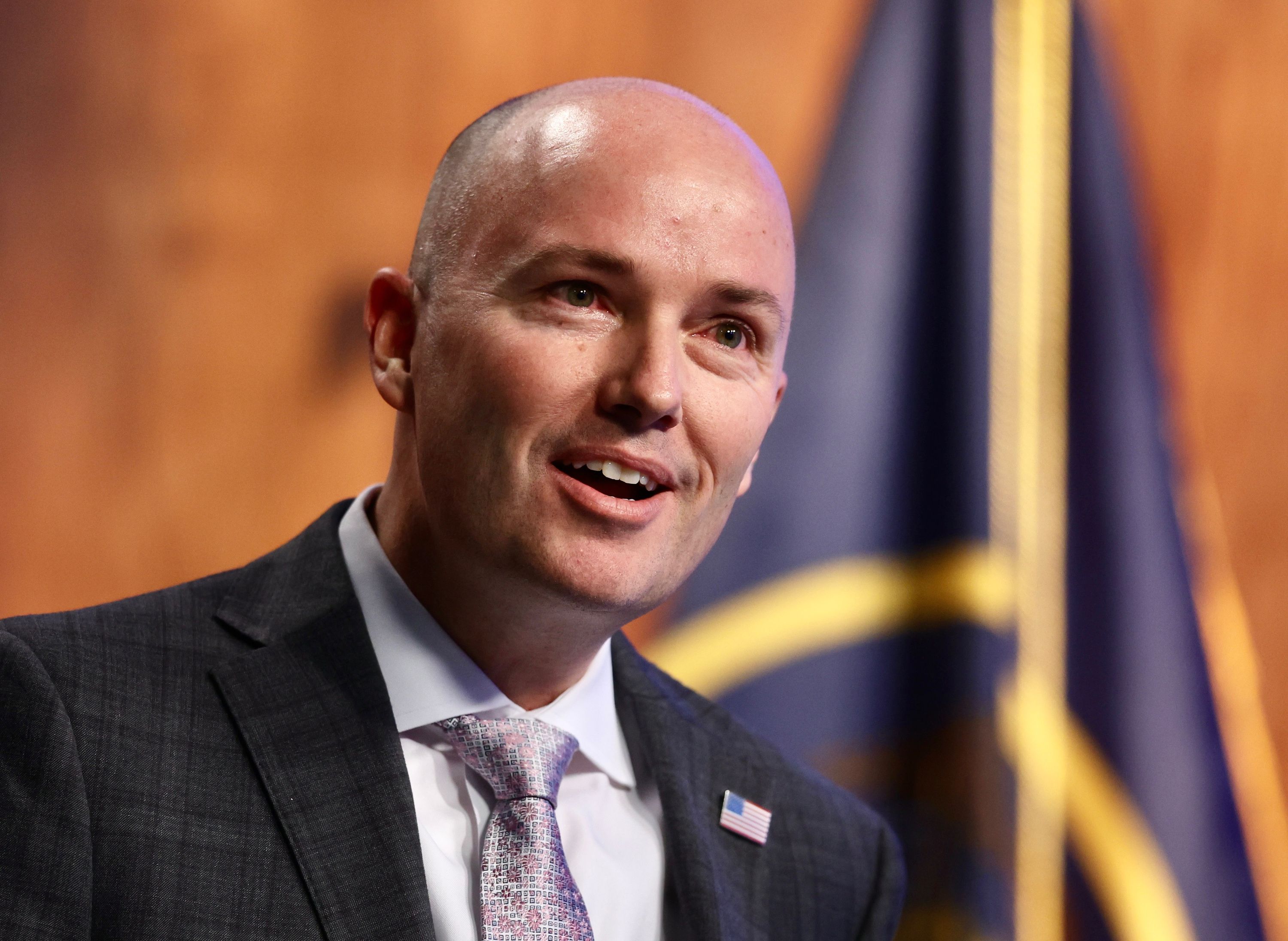 Gov. Spencer Cox holds his monthly news conference at PBS Utah in the Eccles Broadcast Center in Salt Lake City on March 16. Cox decried the effects of social media on teens and said he looks forward to a legal battle with social media companies.
