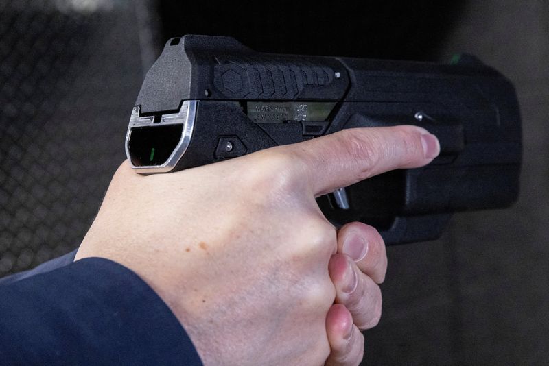 A prototype of the Biofire Smart Gun is seen at Biofire Technologies headquarters in Broomfield, Colo., April 18, 2022. Biofire Tech is taking orders for a smart gun enabled by facial recognition technology.