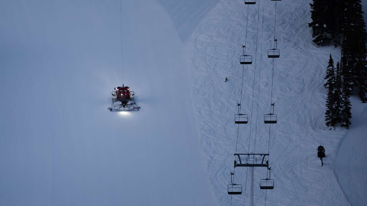 A snowplow descends at Alta on April 9. The National Weather Service issued another winter weather advisory for the area, with another foot of snow expected this weekend.