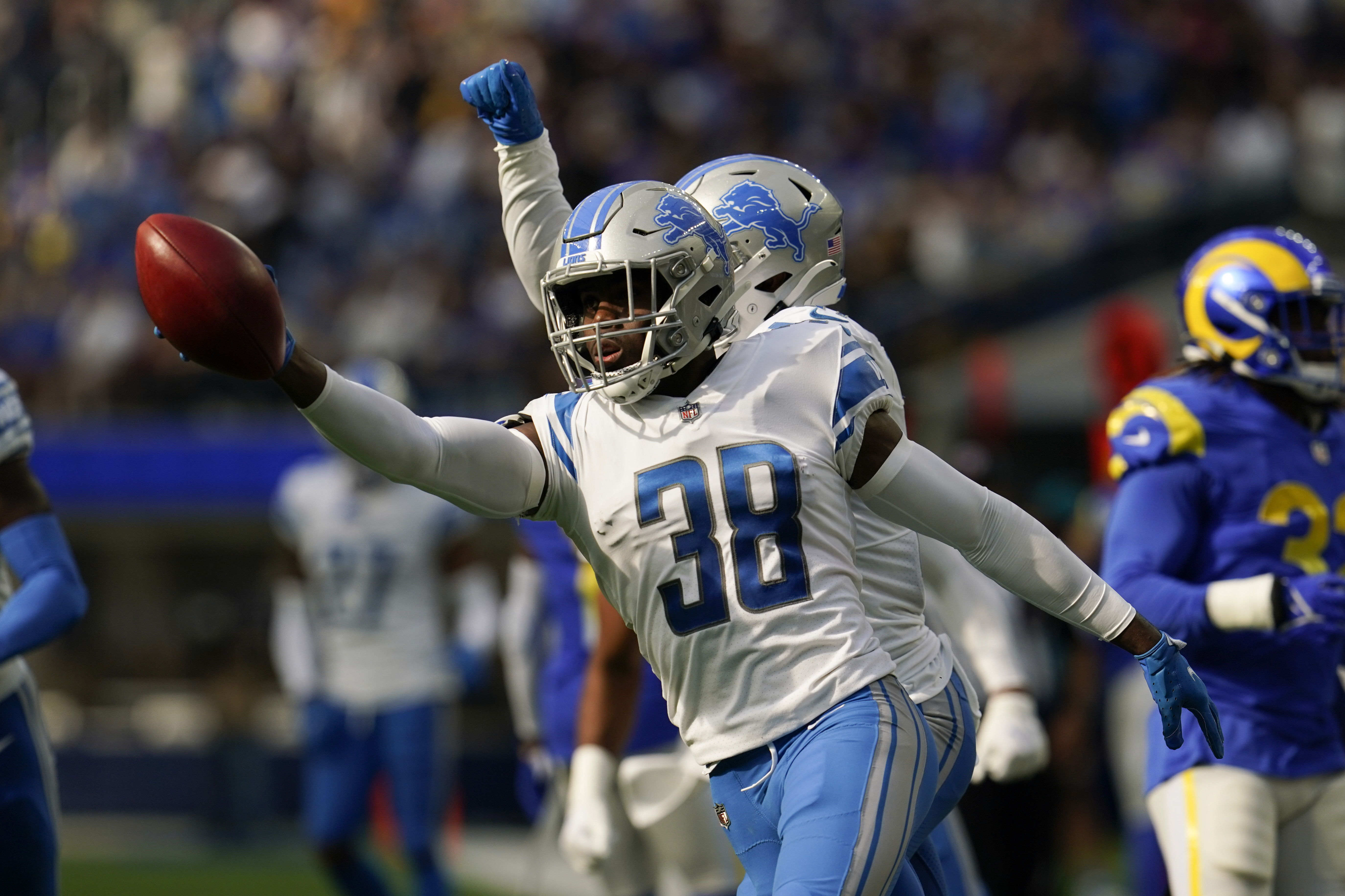 FILE - Detroit Lions defensive back C.J. Moore (38), on special teams, reacts after running out of bounds on a fake punt during the second half of an NFL football game against the Los Angeles Rams Sunday, Oct. 24, 2021, in Inglewood, Calif. The NFL has suspended five players for violating the league’s gambling policy on Friday, April 21, 2023. Detroit Lions wide receiver Quintez Cephus and safety C.J. Moore and Washington Commanders defensive end Shaka Toney were suspended indefinitely, while Lions wide receivers Stanley Berryhill and Jameson Williams have been suspended six games.