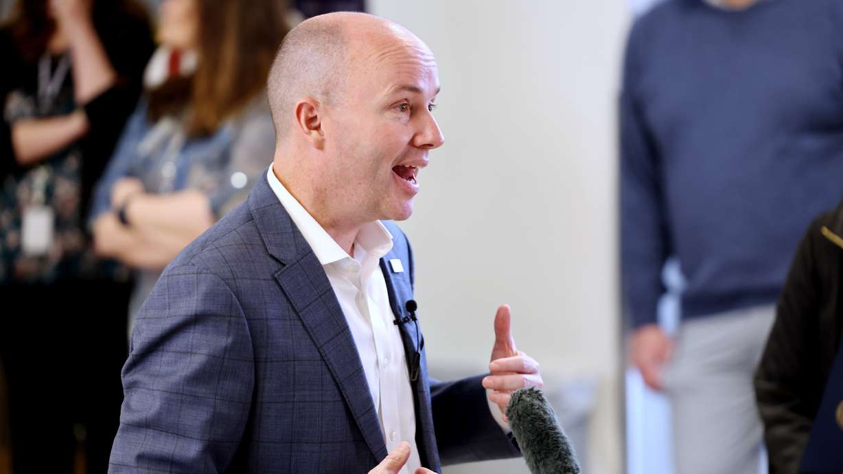 Gov. Spencer Cox talks at Tooele High School as he kicks off his Connecting Utah Tour on March 20. Cox says immigration reform is a vital step in strengthening the U.S. economy.