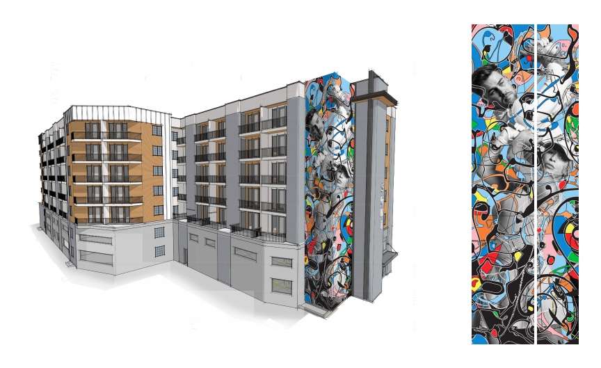 A rendering of the forthcoming SOHI Luxury Apartments along with a proposed mural designed by artist Jimmi Torro.