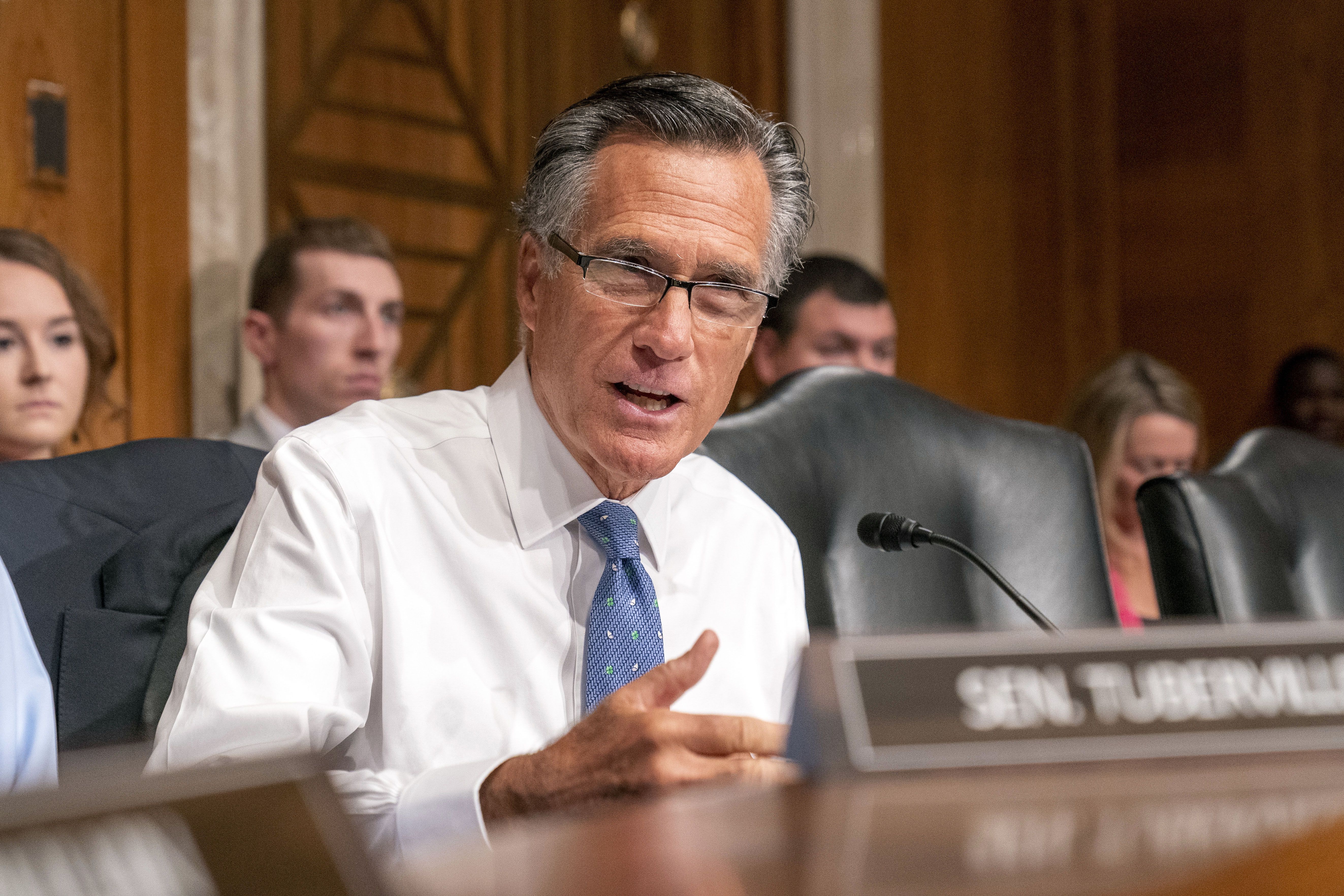 Sen. Mitt Romney, R-Utah, speaks during a Senate Health, Education, Labor and Pensions confirmation hearing for Julie Su to be the Labor Secretary, Thursday, in Washington.