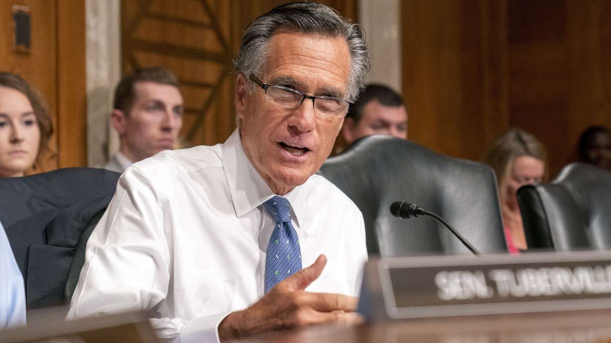 Sen. Mitt Romney, R-Utah, speaks during a Senate Health, Education, Labor and Pensions confirmation hearing for Julie Su to be the Labor Secretary, Thursday, in Washington.
