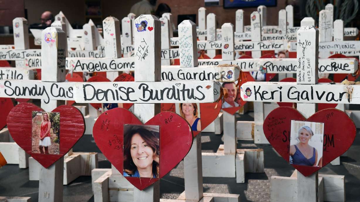 Some of the original 58 wooden crosses that were set up as part of a memorial after the 2017 Las Vegas massacre are seen here.