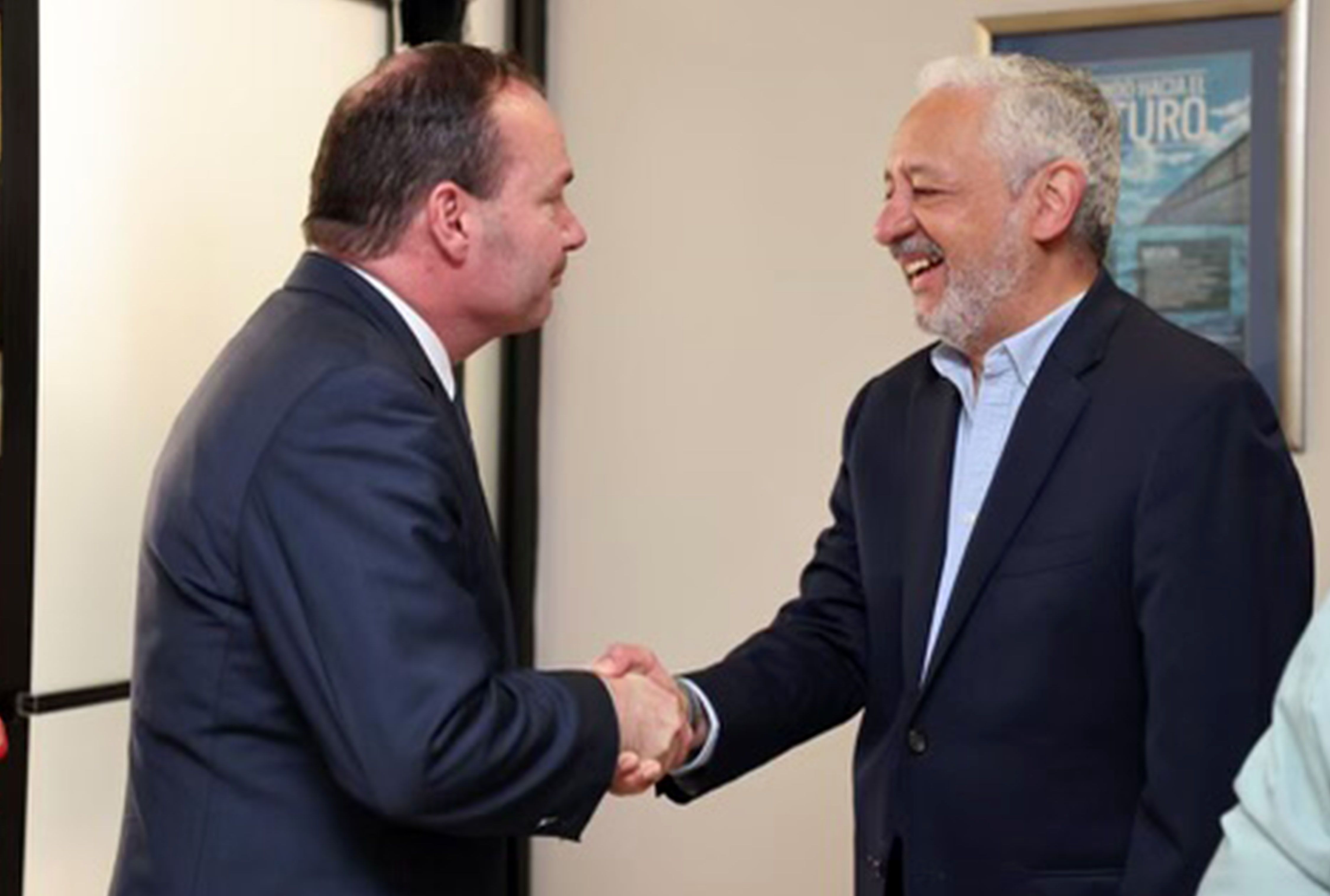 Utah Sen. Mike Lee greets Ricaurte Vásquez Morales, the administrator of the Panama Canal, during a recent trip to Central America. Lee said he was struck by China's growing influence in the region. 